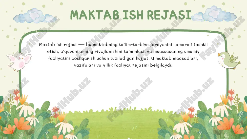 xassislarga dars va tarbiya usullarini tanlashda yordam berish. 2. yangi metodlarni joriy qilish: zamonaviy ta’lim texnologiyalari va metodikalarni o‘rganib, amaliyotga tadbiq etish. 3. tajriba almashish: ilg‘or o‘qituvchilar tajribasini umumlashtirish va boshqalarga tarqatish. 4. materiallar tayyorlash: darsliklar, qo‘llanmalar, o‘quv rejalari, dars ishlanmalarini ishlab chiqish yoki ko‘rib chiqish. 5. tahlil qilish: o‘quv jarayonining natijalarini o‘rganish, muammolarni aniqlash va ularni bartaraf etish bo‘yicha tavsiyalar berish. metodik kengash odatda pedagoglar, ilmiy rahbarlar va boshqa malakali mutaxassislardan tashkil topadi. u muntazam ravishda yig‘ilib, o‘ziga yuklatilgan masalalarni muhokama qiladi va qarorlar qabul qiladi. e’tiboringiz uchun rahmat slide 1 slide 2 slide 3 slide 4 slide 5 slide 6 slide 7 slide 8 slide 9 slide 10