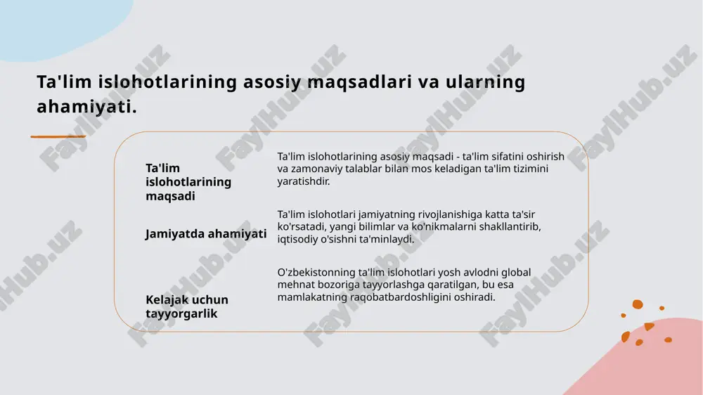 , bmt, unesco kabi xalqaro tashkilotlar bilan birgalikda yangi ta’lim dasturlarini ishlab chiqmoqda, bu esa sifatni oshirishga yordam beradi. 3 tajriba almashish - xalqaro tajribalar, o‘zbekiston ta’lim tizimida innovatsiyalarni joriy etishga yordam beradi, bu esa o‘quvchilar va ustozlar uchun yangi imkoniyatlar yaratadi. ta'limda xalqaro tajribalar: o'zbekiston uchun yangi imkoniyatlar. o'zbekiston ta'lim tizimida xalqaro tajribalarni o'rganish, o'quv jarayonini takomillashtirish va ta'lim sifatini oshirishda yangi imkoniyatlar yaratadi. bunday tajribalar orqali: - o'qituvchilarni malakasini oshirish; - innovatsion metodlarni joriy etish; - talabalar uchun amaliy ko'nikmalarni rivojlantirish mumkin. photo by neom on unsplash o'zbekiston va xalqaro tashkilotlar: ta'lim islohotlaridagi hamkorlik. 1 xalqaro hamkorlik o'zbekiston ta'lim tizimida xalqaro tashkilotlar bilan hamkorlik, ta'lim sifatini oshirish va zamonaviy metodlarni joriy etishda muhim ahamiyatga ega. 2 unesco bilan aloqalar o'zbekiston unesco bilan ta'lim sohasida hamkorlikni kuchaytirib, global standartlarga muvofiqlikni ta'minlashga intilmoqda, bu esa o'quvchilar uchun foydali. 3 adb yordamida islohotlar osiyo taraqqiyot banki (adb) o'zbekistonga ta'lim islohotlarini moliyalashtirish …