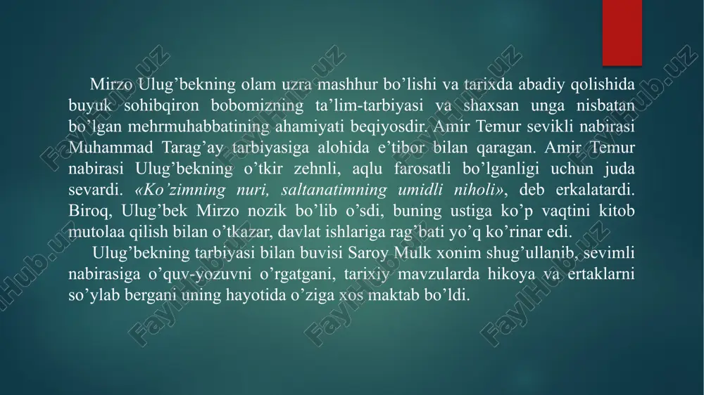 rini aqlda saklaydilar va yoddan biladilar, arabchada g’oyat yaxshi yozadilar. shuningdek, u kishim fiqhdan xabardorlar: mantiq ma’nolariniig bayoni va usullaridan ham xabardorlar». amir temur nabirasi ulug’bekda, eng avvalo, insonparvarlik, adolat va dilovarlik fazilatlari bo’lishini istagan. zotan, insonparvargina sahiy va adolatli bo’lishi mumkin. ulug’bek nafaqat o’zi mansub millatning, ayni paytda butun insoniyatning ham faxridir. ulug’bekday farzandi bo’lgan xalq har qancha faxrlansa arziydi. o’z tomirlarimizda ulug’bek qoni oqayotganligidan, ruhimizda ul muborak zotning ruhi barhayotligidan baxtiyormiz. “mirzo ulug’bek o’z umrini kelajak uchun, bugungi hayot uchun fido etdi. o’sha uzoq zamonlarda bashariyat taraqqiyotini o’ylab yashadi, o’z avlodlari asrlar osha tartib etajak ma’rifatli bir jamiyatni orzu qildi. har qanday millat ham ulug’bekday farzandni tarbiya etgani uchun g’ururlanishi tabiiy holdir. chunki bunday insonlar faqat o’z xalqiga emas, balki umumbashariy tsivilizatsiya uchun ham xizmat qiladi va jahonning e’tiborini qozonadi” shunday qilib, mirzo ulug’bekning milliy va umumbashariy ma’naviy-ma’rifiy va pedagogik ta’limotlar rivojlanishiga qo’shgan hissasi beqiyos bo’lib, u bugungi …