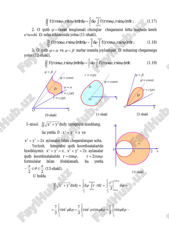 oordinatalarda  d rdrds  integral bilan hisoblanadi. egri chiziqli sirt yuzasini hisoblash. oxy tekislikning d sohasida berilgan ),( yxfz  funksiya shu sohada xususiy hosilalari bilan uzluksiz boʻlsin. bunday funksiya bilan aniqlangan sirt silliq sirt deyiladi. bunda d soha bu sirtning oxy tekislikdagi proyeksiya boʻladi. u holda ),( yxfz  , dyx ),( funksiya bilan aniqlangan sirtning yuzasi dxdy y z x z s d                   22 1 (1.20) formula bilan topiladi (formulaning isboti keyinchalik keltiriladi). 6-misol. 222 yxz  konusning xyx 422  silindr ichida yotgan sirti yuzasini toping. yechish. 14-shaklga ko‘ra d soha 4)2( 22  yx doiradan iborat. xususiy hosilalarni topamiz: . 2 , 2 2222 yx y y z yx x x z         demak,       …