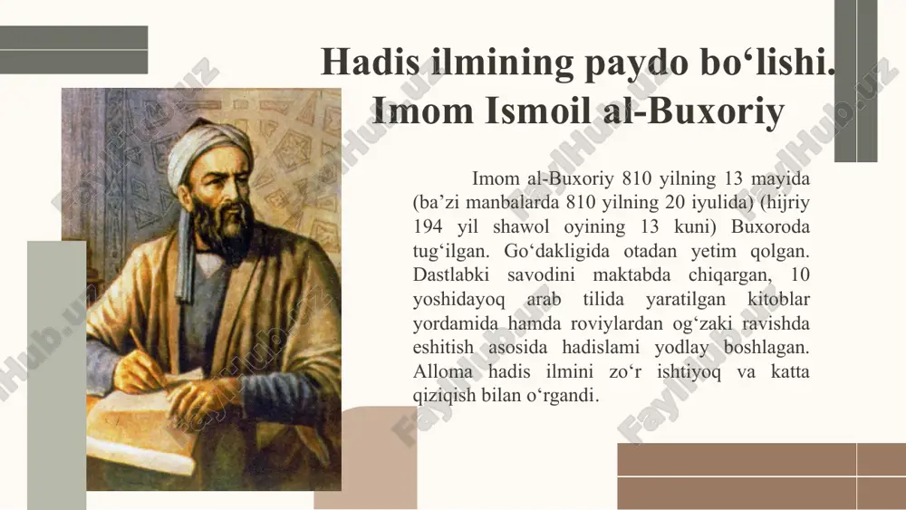 va etnografiyaga oid ma’lumotlar ham berilgan. unga 600 ming hadisdan 7275 ta eng “sahih” hamda 4000 ta takrorlanmaydigan hadislar kiritilgan. bu kitob islom ta’limotida qur’oni karimdan keyingi asosiy manba hisoblanadi. imom ismoil al-buxoriy juda boy ijodiy meros qoldirgan. uning “al-jome’ as-sahih” (“ishonchli to‘plam”), “al-adab al- mufrad” («adab durdonalari»), “at-tarix al-kibor” (“katta tarix”), “at-tarix as-sag‘iyr”, (“kichik tarix”), “al-qiroatu xalfa-i-imom” (“imom ortida turib o‘qish”), “vaful-yadini fi-s-saloti” (“na- mozda ikki qo'lni koiarish”) kabi asarlari mavjud boiib, ulaming qoiyozmalari bizgacha yetib kelgan. e’tiboriz uchun rahmat! credits: this presentation template was created by slidesgo, including icons by flaticon and infographics & images by freepik image1.png image2.jpg image3.jpg image4.jpg image5.png
