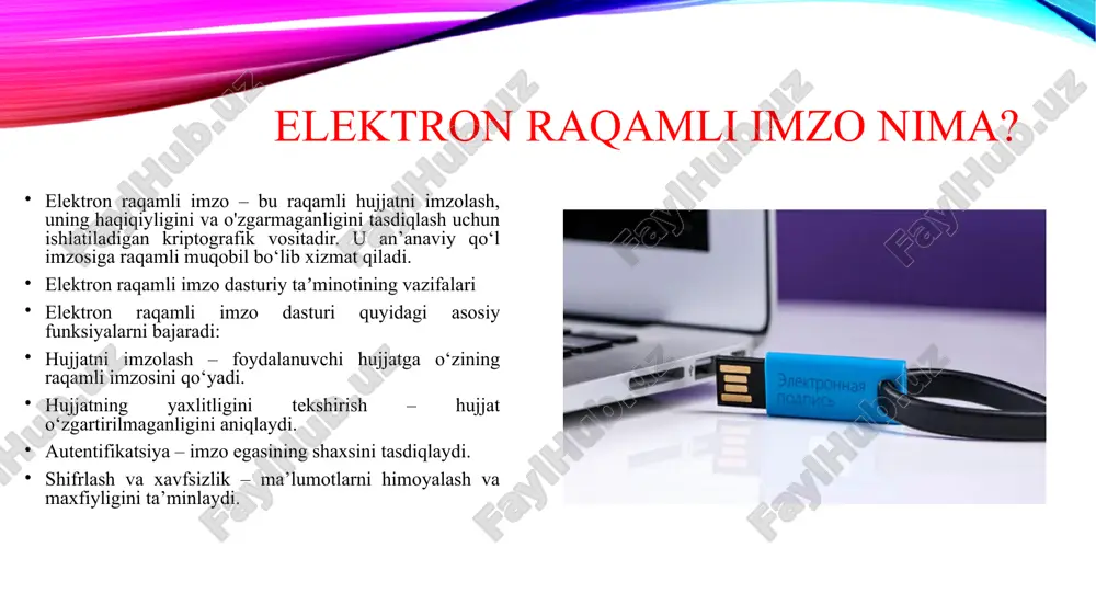 vlat sertifikatlariga mos vipnet csp windows, linux maxfiylik, tarmoq xavfsizligi kriptografik himoya va eri birlashtirilgan tizim uztez / mygov web, mobil davlat xizmatlariga integratsiya o‘zbekistonda davlat elektron xizmatlari uchun mo‘ljallangan afzalliklari va ahamiyati ish samaradorligini oshirish – qog‘oz hujjatlar zaruriyati kamayadi. xavfsizlik va maxfiylik – shifrlash orqali ma’lumotlar himoyalanadi. masofadan turib ishlash imkoniyati – foydalanuvchilar istalgan joydan hujjat almashadi. qonuniy kuch – ko‘plab mamlakatlarda eri qonuniy hujjat sifatida qabul qilinadi. kelajakdagi rivojlanish tendensiyalari bulutli elektron imzo xizmatlari – foydalanuvchi qurilmalariga bog‘lanmasdan xizmat ko‘rsatish. biometrik integratsiya – yuzni tanish, barmoq izi bilan qo‘shimcha autentifikatsiya. ai yordamida hujjat monitoringi – hujjatlar ichidagi xavf va noto‘g‘ri ma’lumotlarni aniqlash. blockchain bilan integratsiya – hujjat tarixini o‘zgarmas va ishonchli saqlash. e’tiboringiz uchun raxmat image2.png image3.jpeg image4.jpeg image5.jpeg image6.jpeg image7.jpeg image1.png contract agreement composition /docprops/thumbnail.jpeg