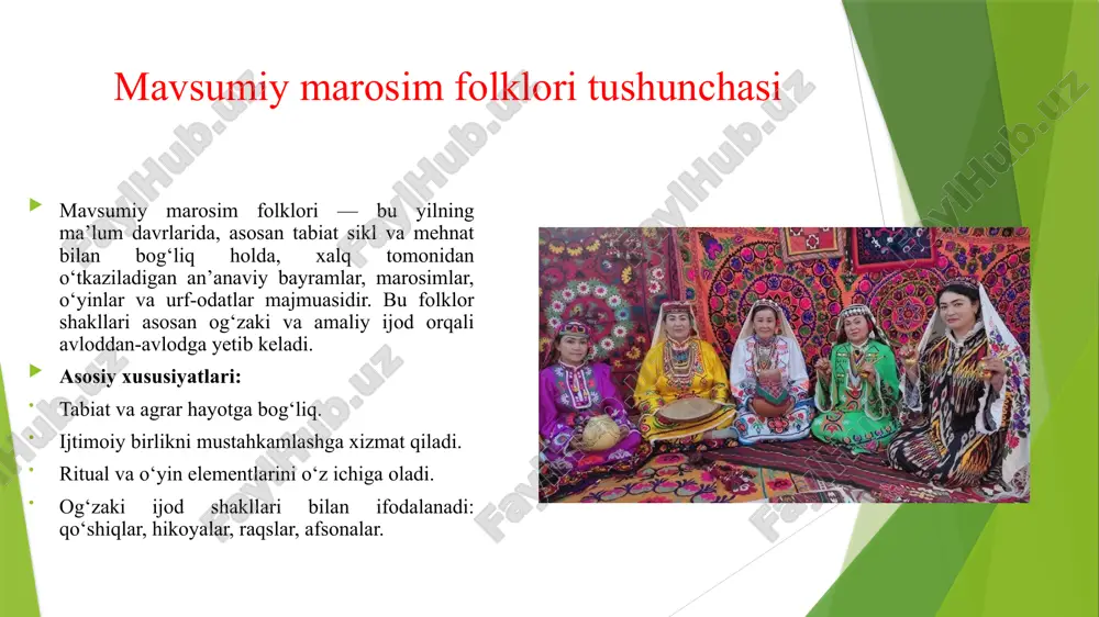 birlari teatr ko‘rinishida sahnalashtiriladi, bu esa badiiy ifodaning yangi shaklidir. qishki marosimlar qishki bayramlar va yangi yil: masalan, qorbobo va qishki qo‘shiqlar. badiiy jihati: hikoyalar va qo‘shiqlar orqali tabiatning sovuq va qor bilan bog‘liq tasviri, shuningdek, inson quvonchi ifodalanadi. ritual o‘yinlar: masalan, qor bilan bog‘liq o‘yinlar, maskaradlar. yangi jihat: bolalar va yoshlar uchun interaktiv sahnalar qo‘shilgan, u folklorni yanada jonli qiladi. to‘y va oilaviy marosimlar nikoh marosimlari: kelin-kuyov marosimlari, uyga kirish an’analari. badiiy jihati: she’rlar, qo‘shiqlar, dramatik sahnalar, maskaradlar orqali ijtimoiy va badiiy ifoda. yangi nuqtai nazar: marosimlar shaharlarda teatrlashtirilgan, badiiy sahnalashtirish elementlari bilan boyitilgan. badiiy xususiyatlari va folklor tahlili og‘zaki ijod va sahnalik birlashuvi: qo‘shiqlar, latifalar, hikoyalar va raqslar bir-biri bilan uyg‘unlashadi. badiiy xususiyati shundaki, u ijtimoiy hayot bilan bog‘liq mavzularni dramatik tarzda tasvirlaydi. simvolik va metaforik elementlar: har bir marosimning o‘z ramzi mavjud (masalan, sumalak – hayot va farovonlik ramzi). yangi ko‘rinishlarda esa rang-barang kostyum va sahna bezaklari …