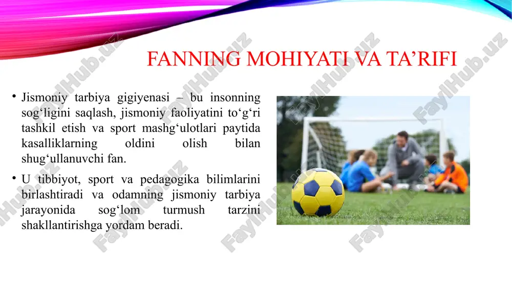 asalliklarning oldini olish va organizmning jismoniy faoliyatga moslashuvini ta’minlash vazifalarini bajaradi. fanning amaliy ahamiyati keng bo‘lib, u maktab va oliy ta’lim muassasalaridan tortib, sport klublari, reabilitatsiya markazlari va ish joylarida ham qo‘llaniladi. shu bilan birga, jismoniy tarbiya gigiyenasi insonning yashash sifatini oshirishga, muntazam mashg‘ulotlar orqali immunitetni mustahkamlashga va ruhiy salomatlikni yaxshilashga xizmat qiladi. foydalanilgan adabiyotlar azizov, s. jismoniy tarbiya gigiyenasi asoslari. toshkent: o‘qituvchi, 2018. murodov, r. sog‘lom turmush tarzida jismoniy mashqlar. toshkent: fan va texnologiya, 2020. karimov, a. jismoniy tarbiya va sport gigiyenasi. toshkent: sport, 2017. sobirov, b. inson salomatligi va jismoniy faollik. toshkent: akademiya, 2019. shokirov, n. jismoniy tarbiya pedagogikasi va gigiyena. toshkent: ta’lim, 2021. who. physical activity and health guidelines. geneva: world health organization, 2020. baxtiyorov, d. jismoniy tarbiya mashg‘ulotlarining gigiyenik asoslari. toshkent: sport va salomatlik, 2016. fozilov, t. sog‘lomlashtiruvchi mashqlar va profilaktika. toshkent: fan, 2018. american college of sports medicine. acsm’s guidelines for exercise testing and prescription. …