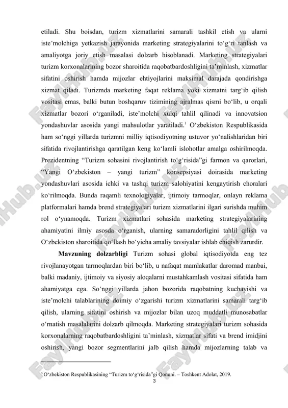 urizm xizmatlari sohasida marketing strategiyalarining samaradorligini ilmiy asosda o‘rganish, ularni tatbiq etish mexanizmlarini aniqlash va o‘zbekiston sharoitida amaliy tavsiyalar ishlab chiqish mavzuning dolzarbligini belgilaydi. kurs ishining ahamiyati turizm xizmatlari sohasida marketing strategiyalarining ahamiyati nafaqat iqtisodiy, balki ijtimoiy, madaniy va siyosiy jihatlarda ham namoyon bo‘ladi. bir tomondan, ular turizm korxonalarining raqobatbardoshligini oshirish, xizmatlar sifatini yaxshilash va mijozlar ehtiyojlarini qondirish imkonini beradi. turizmni samarali targ‘ib qilish orqali mamlakat ichki va tashqi imidjini shakllantirish, turizm salohiyatini kengaytirish va turistik oqimlarni boshqarish imkoniyati yaratiladi. marketing strategiyalari orqali korxonalar bozorni chuqur tahlil qiladi, iste’molchi segmentlarini aniqlaydi, raqobatchilarni o‘rganadi va xizmatlarni innovatsion yondashuvlar asosida takomillashtiradi. bu esa turizm xizmatlarini samarali sotish, daromadni oshirish va barqaror rivojlanishga erishish uchun muhim shart hisoblanadi. raqamli marketing va brending vositalari turizm sohasida xizmatlarni keng auditoriyaga yetkazish, ijtimoiy tarmoqlar orqali mijozlar bilan interaktiv aloqalarni o‘rnatish hamda zamonaviy bozor talablariga tezkor moslashish imkonini beradi. bu jihatdan marketing strategiyalari turizmni rivojlantirishning ajralmas qismiga …