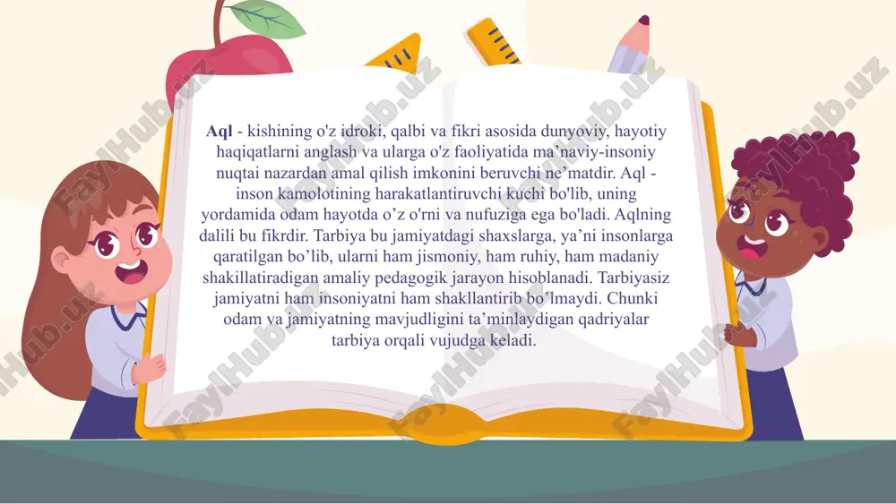 ‘nikma va malakalarini rivojlantirish. maktabgacha tarbiya yoshidagi bolalarga ta’lim berish tizimi el pedagogikada ilk bor chex pedagogi yan amos komenskiy (1592-1670) tomonidan yaratilgan. yan amos komenskiy o’quvchilar ongida aqliy ta’limni rivojlantirish uchun boshlang’ich sinfdan boshlab turli xil metodlardan foydalanish kerak. ularning yozma salohiyatini, gapirish va fikrlash doirasini kengaytirishga katta e’tibor qaratish zarur. ularga oddiy darsliklardan tashqari qo'shimcha adabiyotlar berish, dunyoqarashlarini, fikrlash doiralarini kengaytirish lozim. o'z fikrni bemalol bayon eta olish, boshqalarning fikriga o'z fikrini bildira olish kabi vazifalarni o'z ichiga oladi. e’tibor uchun rahmat! credits: this presentation template was created by slidesgo, including icons by flaticon, infographics and images by freepik image1.jpg image2.jpeg image3.jpeg image4.jpeg