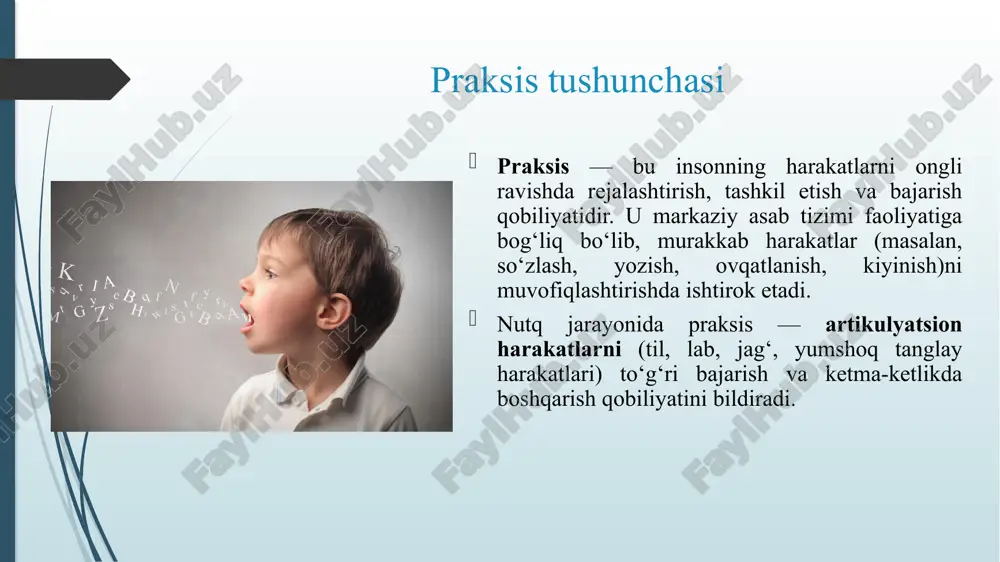 shakllanmasligi bilan kechadi. bola tovushlarni ayta olish imkoniga ega bo‘lsa ham, ularni artikulyatsion jihatdan to‘g‘ri tashkil qila olmaydi. praksisning harakat tasvirlari yetilmagan bo‘ladi. afaziya oldin shakllangan nutqning yo‘qolishi bilan tavsiflanadi. bunda praksis buzilishi qayta shakllanayotgan artikulyatsion ko‘nikmalarda namoyon bo‘ladi. so‘z va tovush o‘rnini almashtirish, so‘zlarni yutib yuborish, sintaktik chalkashliklar kuzatiladi. rinolaliya tanglay yoki burun bo‘shlig‘i nuqsonlari sababli havo oqimi noto‘g‘ri yo‘naladi. artikulyatsion praksis tovush hosil qilishdagi rezonansni boshqarish bilan muvofiqlashmaydi. natijada tovushlar burun orqali chiqadi, nutq tovushi o‘zgaradi. praksis buzilishlarini tuzatish yo‘llari artikulyatsion gimnastika — til, lab, tanglay mushaklarini harakatlantirishni mashq qilish. kinestetik mashqlar — harakatni his qilish, joyini aniqlashni rivojlantirish. nutqni eshitish va qayta tiklash mashqlari — tovush va harakat muvofiqligini mustahkamlash. ko‘rgazmali metodlar — oynada artikulyatsiyani kuzatish, suratlar asosida tovushlarni mashq qilish. logoritmik mashg‘ulotlar — harakat va ritm orqali artikulyatsion praksisni tiklash. praksisni tiklash va rivojlantirish metodlari artikulyatsion motor mashqlari — nutq a’zolarini harakatlantirish, ularni moslashtirish (tilni burish, …