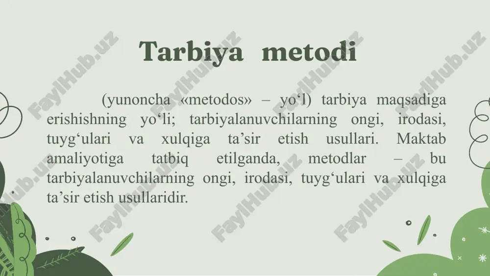 b) estetik mavzular (tabiat go‘zalligi, shaxslararo munosabatlar, inson go‘zalligi); v) siyosiy mavzular (davlatning ichki va tashqi siyosati, dunyo voqealari, halqaro munosabatlar va boshqalar); g) ta’lim va bilishga oid mavzular (koinot, hayvonot va o‘simliklar dunyosi, elektronika va boshqalar). o‘z-o‘zini tahlil o‘z-o‘zini tarbiyalash metodlari. o‘quvchida o‘z-o‘zini tarbiyalashga, ya’ni, o‘z ustida ongli, bartartib ishlashga ehtiyoj paydo bo‘lgandagina tarbiya jarayonini samarali deb hisoblash mumkin. tarbiya jarayonida o‘z-o‘zini tarbiyalash metodlaridan foydalanish samarali hisoblanadi. o‘z-o‘zini tarbiyalash metodlari o‘quvchilarning o‘zini o‘zi idora qilishlari, turli o‘quvchilar organlari faoliyatida faol ishtirok etishlarini ta’minlash, ularning ijtimoiy mavqelarini oshirish maqsadida qo‘llaniluvchi usullardir. o‘z-o‘zini tarbiyalash o‘quvchilarning o‘zini o‘zi idora qilish va o‘quvchilarning turli organlari faoliyatida faol ishtirok etishni ta’minlash, ularning ijtimoiy mavqeini oshirishning ta’sirchan vositasidir. o‘quvchilar o‘qish, tarbiya va dam olishda o‘z-o‘zini tarbiyalash usullaridan foydalanadilar, bu usullar o‘quvchilarni o‘z-o‘zini tarbiyalash tashabbuskorlik va mustaqillikka undaydi. o‘z-o‘zini tahlil (nazorat) qilish o‘z shaxsi, mavjud fazilatlari, xatti-harakati, xulq-atvorini tahlil qilish, mavjud sifatlarni boyitish yoki salbiy odatlarni …
