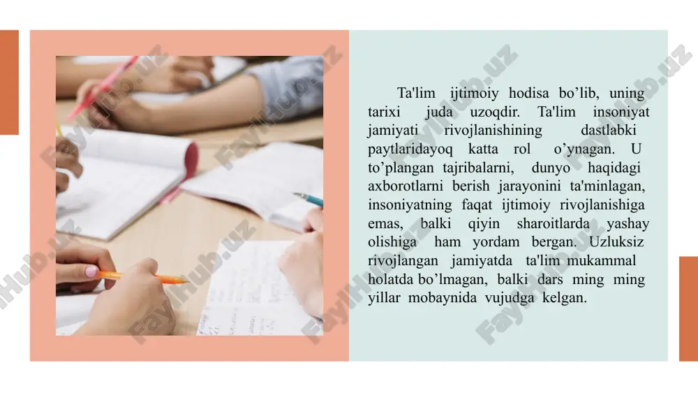 oyon etishini talab qilgan holda yaxshi natijalarga erishilmoqda. chunki shu narsa ma’lumki, inson eshitgan narsasining 5 % ini, o’qiganining 10% ini tajribada sinab ko’rishi orqali ma’lumotning 40% ini, boshqalarni o’qitish orqali esa 90% ma’lumotni eslab qolishi mumkin ekan. o’zbekiston respublikasida ta’lim quyidagi turlarda amalga oshiriladi. ta’lim turlari 1. maktabgacha ta’lim 2. umumiy o’rta ta’lim 3. o’rta-maxsus kasb hunar ta’lim 4. oliy ta’lim 5. oliy o’quv yurtidan keyingi ta’lim 6. kadrlar malakasini oshirish va ularni qayta tayyorlash 7. maktabdan tashqari ta’lim seminar va amaliy-tajriba ishlar shaklidagi mashg'ulotlar. seminar mashg'ulotlari o'quvchilarning mavzudagi muhim masalalarni chuqur o'rganish yuzasidan mustaqil ishlashini, keyinchalik ularni jamoa bo'lib muhokama qilishini tashkil etish shaklidir. mavzu o'rganilgunga qadar o'qituvchi o'quvchilar uchun savol va topshiriqlar tuzib chiqadi. kirish mashg'ulotida u o'quvchilarni materialning mazmuni, qilinadigan ishning xarakteri bilan qisqacha tanishtiradi, ularga har qaysi seminar uchun topshiriq beradi va tayyorlanish uchun adabiyot ko'rsatadi. bir xil vazifalar hamma uchun umumiy bo'ladi, boshqa vazifalar …