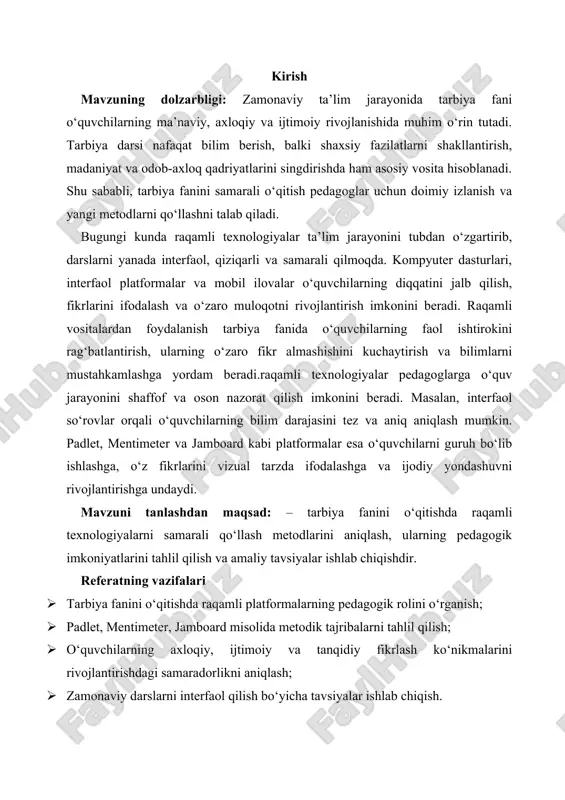 . shu tarzda, raqamli texnologiyalar o‘quvchilarni faollikka undaydi va dars jarayonini interfaol qiladi.[footnoteref:0] [0: zvereva, e. (2023). digital ethics in higher education: modernizing moral values for effective communication in cyberspace. online journal of communication and media te] padlet platformasi pedagoglar orasida eng mashhur vositalardan biridir. bu interfaol devor sifatida ishlaydi. o‘quvchilar o‘z fikrlarini yozma, vizual va audio shaklda joylashtiradi. shu bilan birga, guruh ishlari va bir-birini baholash imkoniyati mavjud bo‘ladi. padlet o‘quvchilarning diqqatini jalb qiladi va darsga qiziqishini oshiradi. mentimeter dasturi esa interfaol so‘rovlar va viktorinalar yaratish imkonini beradi. bu platforma o‘quvchilarning bilim darajasini tezkor aniqlashga yordam beradi. o‘qituvchi natijalarni ko‘rib, darsni optimallashtirishi mumkin. shu bilan birga, mentimeter o‘quvchilarni faol ishtirok etishga rag‘batlantiradi. bu dars jarayonini samarali qiladi va o‘quvchilarda mustaqil fikrlashni rivojlantiradi. jamboard platformasi vizual fikr almashish va guruh ishlarini tashkil etishda keng qo‘llaniladi. o‘quvchilar diagramma, rasm va matn yordamida g‘oyalarini ifodalaydi. bu tarbiya fanida murakkab tushunchalarni tushuntirish uchun …