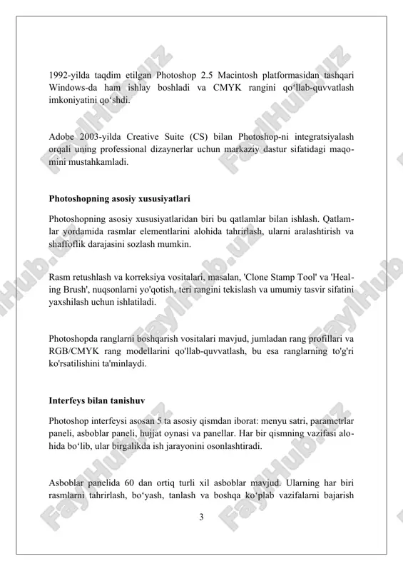 viy, qizil-sariq, sariq, qora) va grayscale kabi turli rejimlar orqali ifodalanadi, ularning har biri alohida maqsadda ishlatiladi. rgb rejimi asosan elektron ekranlar uchun mo'ljallangan bo'lib, 0 dan 255 gacha bo'lgan qiymatlar orqali ranglarni yaratadi, jami 16.7 milliondan ortiq rang kombinatsiyasi mavjud. cmyk rejimi bosma nashrlar uchun ideal bo'lib, ranglarni siyoh aralashmasi orqali hosil qiladi. to'liq rang uchun har bir rang 0% dan 100% gacha qiymatlarga ega bo'lishi mumkin. rasm hajmini o'zgartirish va kesish photoshop'da hajmni o'zgartirish paytida 'resample' opsiyasi piksellarni qo'shib yoki olib tashlash orqali tasvir sifatini saqlaydi, masalan, 'bicubic sharper' kichraytirish uchun mos. crop tool (c) yordamida rasmni kesish, kompozitsiyani yaxshilash uchun 'rule of thirds' kabi yordamchi setkalardan foydalanish, keraksiz qismlarni olib tashlash va nisbatni o'zgartirish imkonini beradi. 'content-aware scale' hajmni o'zgartirishda muhim qismlarni buzmasdan fonni cho'zish yoki qisqartirish imkonini beradi, 50% dan kam bo'lmagan qiymatlarda yaxshi natija beradi. retush va tuzatish photoshop-da retush qilish teridagi kamchiliklarni (masalan, husnbuzarlarni) …