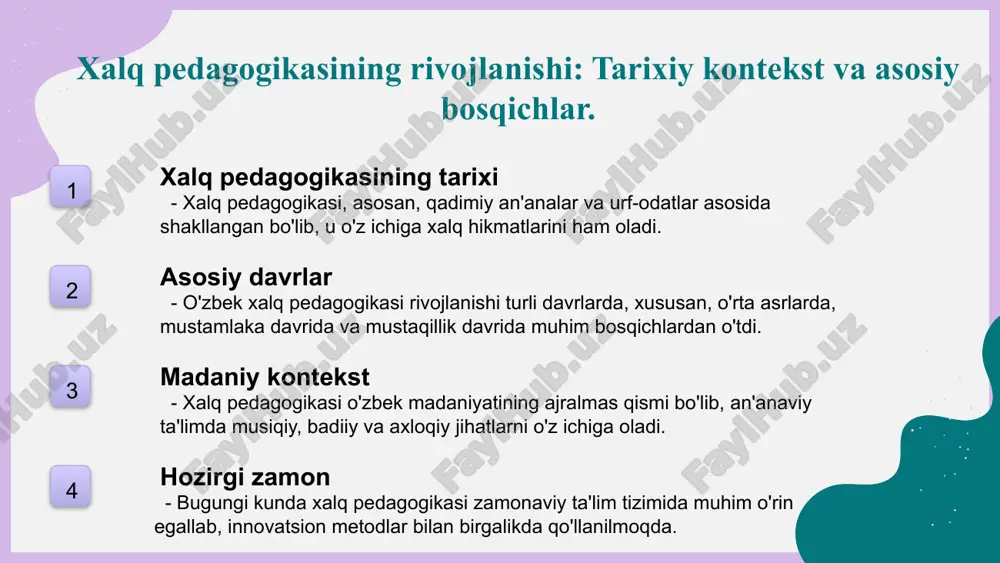 rda amaliy ko'nikmalarni egallaydi. 3 jamoaviy o'qitish an'anaviy ta'limda jamoaviy o'qitish usullari keng tarqalgan. bu o'zaro o'rganish va hamkorlikni rivojlantiradi, o'quvchilarning fikr almashishiga imkon beradi. 4 madaniyatga bog'liqlik an'anaviy ta'lim usullari o'zbek madaniyatiga chuqur bog'liq. ular xalqning urf-odatlari va qadriyatlarini saqlab qolishga yordam beradi. o'zbek xalq pedagogikasida o'rganish va o'qitish jarayoni. 1 o'qitish jarayoni - o'zbek xalq pedagogikasida o'qitish jarayoni, an'anaviy usullar orqali amalga oshiriladi, bu esa o'quvchilarni amaliyotga tayyorlashga yordam beradi. 2 o'rganish usullari - o'zbek xalq pedagogikasida o'rganish usullari ko'pincha hikoya, qo'shiq va o'yinlar orqali amalga oshiriladi, bu esa bilimlarni qiziqarli tarzda oshiradi. 3 o'qituvchilar roli - an'anaviy o'qituvchilar, o'z bilimlari va tajribalari bilan o'quvchilarga yo'l-yo'riq ko'rsatib, ularni hayotga tayyorlaydilar. an'anaviy ta'lim usullarining zamonaviy ta'limga ta'siri. 1 an'anaviy usullar an'anaviy ta'lim usullari, avlodlardan avlodlarga o'tib kelgan tutilgan pedagogik tajribalarni o'z ichiga oladi, bu zamonaviy ta'lim jarayonlariga ta'sir ko'rsatadi. 2 ta'lim metodlari an'anaviy ta'lim metodlari, masalan, o'qitish jarayonida hikoyalar …
