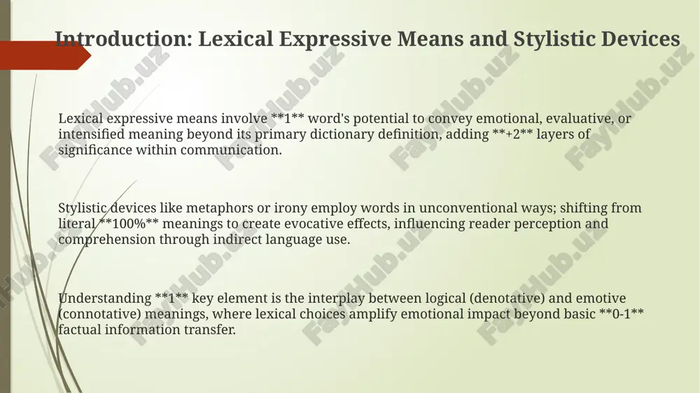 mation transfer, aiming for clarity (about 85% efficiency). emotive meaning prioritizes persuasion or expression; using hyperboles can engage the audience by 60% when done correctly. logical meaning, or denotation, relies on objective, dictionary-defined content (e.g., 'red' signifies a specific color). emotive meaning, connotation, adds subjective feelings; 'red' evokes passion, anger, or warmth, illustrating the difference. emotive meanings exhibit context-dependent variability, unlike logical meanings. an interjection like "wow!" communicates surprise (a 9/10 on the excitement scale), with intensity fluctuating based on situation and the speaker's personality. antonomasia: interaction of logical and nominal meanings antonomasia, a trope, replaces a proper name with a descriptive phrase, shifting from nominal (name-based) to logical meaning. consider calling shakespeare "the bard", altering the focus to his poetic skill. in antonomasia, the logical meaning, representing qualities or actions, overshadows the original nominal identifier. for example, referring to a traitor as "judas" evokes betrayal above any specific individual. …