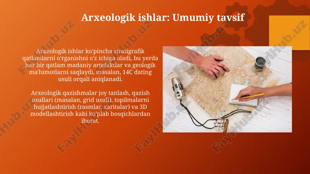 publikasi jinoyat kodeksining 214-moddasi). arxeologik etik kodeks arxeologik etik kodeks arxeologik qazishmalar jarayonida ilmiy tadqiqotlarning ustuvorligini ta'minlaydi, 1954-yilgi xalqaro konvensiya talablariga muvofiq madaniy merosni saqlashga qaratilgan. kodeks qazishmalar vaqtida topilgan har qanday artefakt yoki tuzilmani to'liq hujjatlashtirishni talab qiladi, bu 20-asrning oxiridan beri arxeologik usullarning muhim qismi hisoblanadi. arxeologiyada davlat siyosati arxeologik merosni muhofaza qilish o'zbekiston davlatining ustuvor vazifasidir, bu esa 1992-yildan beri qonunlar va prezident farmonlari orqali mustahkamlab kelinmoqda. hukumat arxeologik qazishmalarni litsenziyalash, eksport nazorati va 5700 dan ortiq arxeologiya yodgorliklarini davlat ro'yxatiga olish orqali madaniy merosni himoya qiladi. arxeologik ishlar xavfsizligi arxeologik qazishmalarda xavfsizlik uchun kamida 2 metrlik chuqurlikda devorlarni mustahkamlash, grunt ko'chkisi oldini olish choralarini ko'rish muhim. portlash xavfi bo'lgan hududlarda ishlashda, 100 metrlik xavfsizlik zonasini belgilash, maxsus signalizatsiya tizimi va himoya vositalari ta'minlanishi shart. arxeologik tadqiqotlarni moliyalashtirish arxeologik tadqiqotlar davlat byudjeti (masalan, 2023-yilgi qonun) orqali moliyalashtirilishi mumkin, bu ilmiy-tadqiqot institutlari va universitetlar uchun asosiy manba hisoblanadi. …
