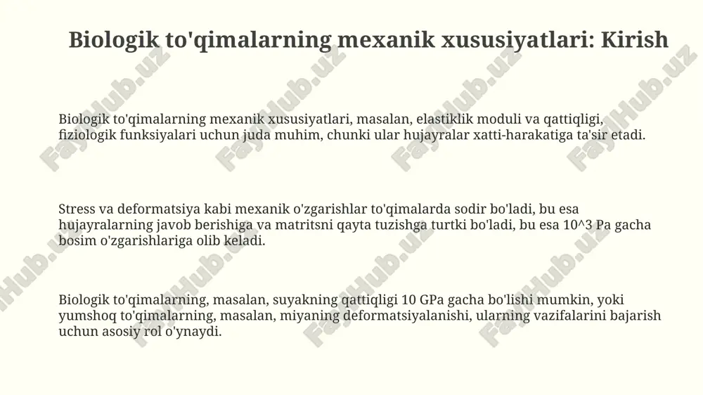 yurak qisqarishi vaqtida bosimning ortiqcha yukini kamaytiradi va 40-60% energiya saqlaydi. endotelial hujayralar qon tomirlari devorining ichki qatlamini hosil qiladi va qon oqimiga sezgir bo'lib, diametri 10-100 mikrometr diapazonida azot oksidini ajratadi. qon tomirlari devorining qalinligi va tarkibi (kollagen, elastin, silliq mushaklar) bosimga chidamliligini belgilaydi, gipertoniyada esa 2-3 marta qalinlashishi mumkin. mexanik xususiyatlarning kasalliklar bilan bog'liqligi arteriosklerozda qon tomirlarining devori qattiqlashadi, natijada 10-20% gacha kamaygan moslashuvchanlik yurak-qon tomir kasalliklari rivojlanishiga olib keladi. osteoporozda suyakning mineral zichligi (bmd) pasayishi natijasida elastiklik moduli kamayadi, bu esa sinish xavfini 2-4 baravar oshiradi. o'pka emfizemasida alveolalar elastikligi yo'qoladi, bu esa nafas olish hajmini 30-50% gacha kamaytiradi va nafas qisishiga sabab bo'ladi. biologik to'qimalarning mexanik xususiyatlarini o'rganish usullari bio-to'qimalarning mexanik xususiyatlarini o'rganishda uniaxial cho'zilish sinovi keng qo'llaniladi, bunda namunaga 1 o'qda kuch berilib, deformatsiya va kuchlanish 0.1% aniqlikda o'lchanadi. viskoelastik xususiyatlarni aniqlash uchun dinamik mexanik analiz (dma) usuli ishlatiladi, bunda to'qimaga 1-100 hz chastotali tebranish …
