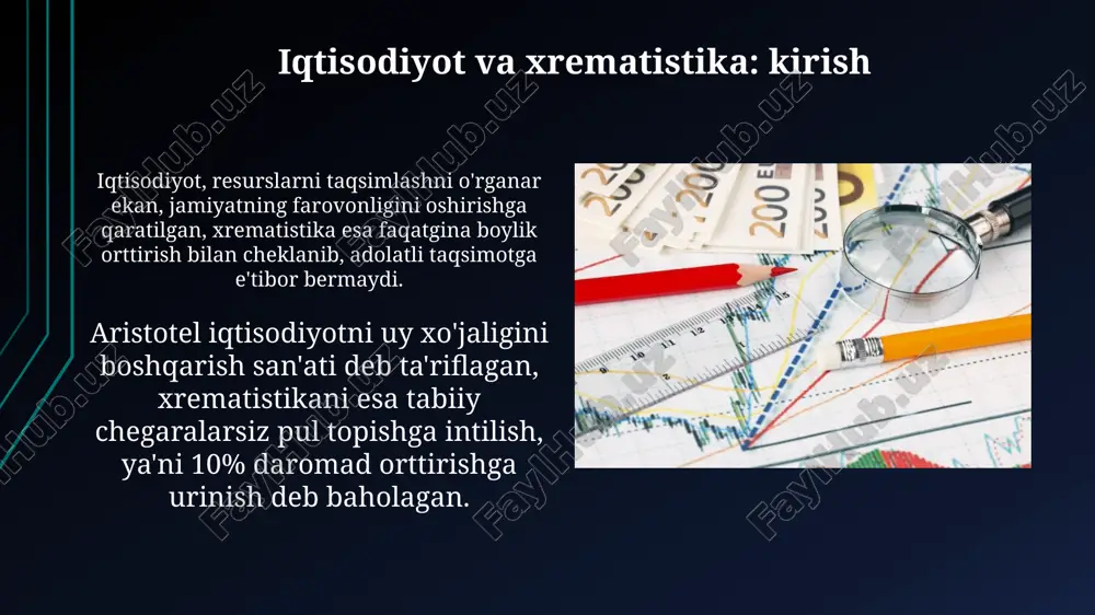 yillarga asoslangan halollik va adolat me’yorlariga rioya qilishni ta’minlaydigan muhim yo'nalishdir. xrematistika boylik orttirishning 2 xil turini o'z ichiga oladi: tabiiy, ya'ni dehqonchilik, chorvachilik, va sun'iy, ya'ni savdo-sotiq, sudxo'rlik kabilardir. xulosa xulosa - bu tadqiqotning asosiy natijalari va ularning ahamiyatini qisqa, aniq taqdim etish, taxminan 20-40 so'zdan iborat xulosaviy bayonotdir. iqtisodiyot va xrematistika bo'yicha xulosa, masalan, resurslarni taqsimlashning samaradorligi 75% ga oshganini va spekulyativ daromadlar 10% ga kamayganini ko'rsatishi mumkin. e'tiboringiz uchun rahmat image1.png image2.jpg image3.jpg image4.jpg image5.jpg image6.jpg image7.jpg image8.jpg image9.jpg image10.jpg image11.jpg image12.jpg