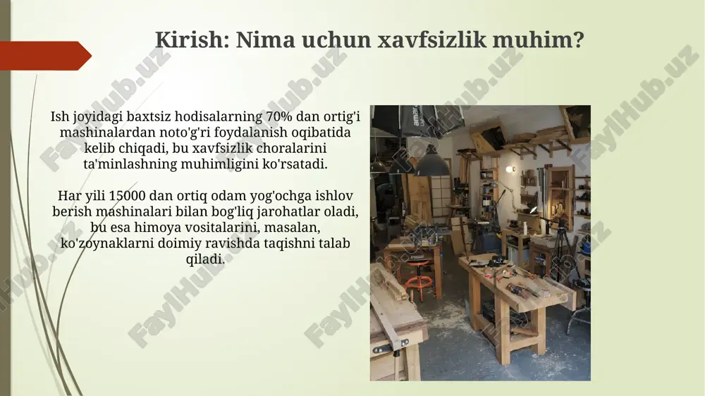 iqa dam oling, bu eshitish qobiliyatini saqlashga yordam beradi. ish qismini mahkamlash uchun moslama ishlatish muhim, qo'llaringizni pichoqdan kamida 15 sm uzoqlikda saqlang. har bir kesishdan oldin moslamaning mustahkamligini tekshiring. tokarlik stanogi xavfsizligi tokarlik stanogida ishlayotganda, ko‘zoynak yoki niqob kiyish muhim, chunki yog‘och qipig‘i 160 km/soat tezlikda uchib ketishi va ko‘zga zarar yetkazishi mumkin. tokarlik stanogida ishlayotganda, uzun sochlar yoki keng kiyimlar mashinaga o‘ralashib qolmasligi uchun ularni bog‘lab qo‘yish yoki yechib tashlash kerak. zımpara mashinasi xavfsizligi zımpara mashinasini ishlatishda, har doim himoya ko'zoynaklari va chang maskasi kiying, chunki mayda zarralar nafas olish yo'llariga zarar yetkazishi mumkin. qo'shimcha himoya uchun 80-120 gritlik zımpara ishlatilganda, ayniqsa ehtiyot bo'ling. zımpara mashinasining tezligini material turiga moslang: yumshoq yog'och uchun past tezlik (masalan, 1000 rpm), qattiq yog'och uchun esa o'rtacha tezlik (2000 rpm) tavsiya etiladi. haddan tashqari bosimdan saqlaning. qo'l asboblari xavfsizligi har doim o'tkir qo'l asboblaridan foydalaning; xiralashgan pichoqlar ko'proq kuch talab qiladi, bu …