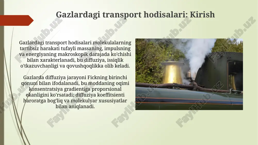 kulalarning tasodifiy harakati (brown harakati) natijasida yuzaga keladi, bunda yuqori konsentratsiyali joylardan past konsentratsiyali joylarga modda o'tadi. diffuziya koeffitsienti haroratga bog'liq. issiqlik o'tkazuvchanligi gaz molekulalarining kinetik energiyasini to'qnashuvlar orqali uzatish jarayonidir. yuqori haroratli molekulalar past haroratli molekulalar bilan to'qnashib, ularga energiyasini beradi. chapmen-enskog nazariyasi chapman-enskog nazariyasi gazlardagi transport koeffitsientlarini, masalan, diffuziya koeffitsienti, issiqlik o'tkazuvchanligi va qovushqoqlikni molekulalararo potentsialga bog'liq holda aniqlaydi. ushbu nazariya gazning holatini ifodalash uchun boltzman tenglamasini hal qilish orqali ishlaydi va gaz molekulalarining o'rtacha erkin yo'lini hisobga olgan holda transport xususiyatlarini aniqlaydi. gazlar aralashmasida transport hodisalari gazlar aralashmasida diffuziya jarayoni fickning birinchi qonuni bilan ifodalanadi, bunda diffuziya oqimi konsentratsiya gradientiga proporsional bo'lib, diffuziya koeffitsiyenti orqali aniqlanadi. gazlar aralashmasidagi termik o'tkazuvchanlik harorat gradienti ta'sirida issiqlik energiyasining molekulalararo to'qnashuvlar orqali o'tishini ifodalaydi va issiqlik oqimi fur'e qonuni bilan tavsiflanadi. amaliy misollar: diffuziya va issiqlik o'tkazuvchanligi gaz diffuziyasining amaliy misoli gaz maskalari bo'lib, ular zararli gazlarni yutadi, shu bilan nafas …