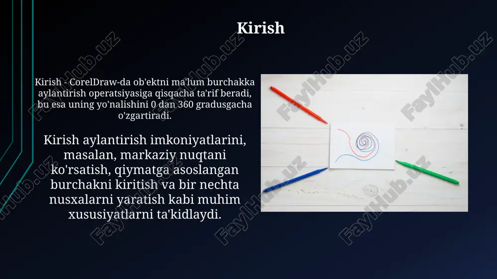 72 gradusdan 5 ta nusxa yaratish. aylantirish markazini o'zgartirib, nusxa bilan aylantirish orqali markazdan uzoqlashgan spiral shakllarni hosil qilish mumkin, bunda burchak va nusxalar soni muhim ahamiyatga ega. aylantirish bilan bog'liq muammolar va ularni hal qilish ob'ektni 90 gradusga aylantirishda piksel nosozliklari yuzaga kelishi mumkin; yuqori dpi va "anti-aliasing" funksiyasini yoqish orqali ularni kamaytirish mumkin. aylantirish markazi noto'g'ri bo'lsa, ob'ekt kutilgan joyda aylanmaydi. markazni aniq belgilash yoki kordinatalarni 0,0 ga sozlash orqali muammoni hal eting. maslahatlar va fokuslar ob'ektlarni 90 gradusga yoki undan ortiq burchakka aylantirish uchun transformatsiya panelidagi 'aylantirish' funksiyasidan foydalaning, aniq qiymatlarni kiritib, ob'ektni mukammal joylashtiring. aylantirish markazini o'zgartirish uchun ob'ektni belgilang, so'ngra aylantirish markazini yangi joyga sudrab olib boring. bu sizga aylantirishni nazorat qilish imkonini beradi. amaliy mashqlar amaliy mashqlarda ob'ektlarni 45 gradusga, 90 gradusga va 180 gradusga aylantirish usullarini o'rganish, aylantirish markazini o'zgartirishni mashq qilish kerak. murakkab amaliy mashqlarda bir nechta ob'ektlarni birgalikda 30 gradusga aylantirish, …