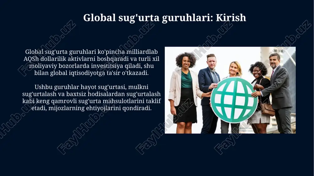 gacha shkala bo'yicha aniqlashga yordam beradi. sug'urta to'lovlari va ularning hisoblanishi sug'urta to'lovlari hajmi sug'urta summasidan, tarif stavkasidan (odatda %da ifodalanadi) va sug'urta muddatidan kelib chiqib hisoblanadi. ba'zi sug'urta turlari, masalan, hayot sug'urtasi, to'lovlarni davriy (oylik, choraklik, yillik) to'lashni nazarda tutishi mumkin, ularning miqdori shartnomada belgilanadi. qonunchilik va tartibga solish global sug'urta guruhlari faoliyati ko'pincha turli mamlakatlardagi milliy qonunchilik talablari va sug'urta nazorat organlarining qat'iy tartibga solishiga bo'ysunadi. odatda, global sug'urta guruhlarining tartibga solinishi kapital yetarliligi, to'lov qobiliyati talablari va risklarni boshqarish kabi masalalarni o'z ichiga oladi. global sug'urta guruhlarining raqobatbardoshligi global sug'urta guruhlari 10 dan ortiq mamlakatda faoliyat yuritib, diversifikatsiyalash orqali risklarni kamaytiradi va global miqyosda 5 milliard dollardan ortiq daromad oladi. raqobatbardoshlikka erishish uchun guruhlar texnologiyalarga 30% ko'proq investitsiya kiritib, sun'iy intellekt va katta ma'lumotlar tahlilidan foydalanmoqda. texnologiyalarning ta'siri sun'iy intellekt (ai) 24/7 rejimda risklarni baholash, da'volarni avtomatlashtirish va mijozlarga xizmat ko'rsatishni yaxshilash uchun qo'llaniladi, xarajatlarni 15-20% ga …