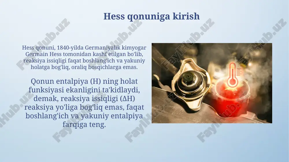 g ta'rifi standart issiqlik effekti, 101.3 kpa bosim va 298 k (25 °c) haroratda bir mol moddaning to'liq reaksiyaga kirishishidagi issiqlik miqdorini ifodalaydi. bu termokimyoviy hisoblashlar uchun muhimdir. standart issiqlik effekti (δh°) ekzotermik reaksiyalarda manfiy, endotermik reaksiyalarda esa musbat bo'ladi, bu reaksiyada issiqlik ajralib chiqishini yoki yutilishini ko'rsatadi. standart hosil bo'lish issiqligi standart hosil bo'lish issiqligi, δh°f, elementlardan 1 mol modda hosil bo'lishidagi entalpiya o'zgarishidir, 298 k (25°c) va 1 atm (yoki 100 kpa) standart sharoitlarda o'lchanadi. standart hosil bo'lish issiqligi nolga teng bo'ladi, agar element o'zining standart holatida bo'lsa, masalan, uglerod (grafit), kislorod (o2) va vodorod (h2) kabi moddalar uchun bu ko'rsatkich 0 kj/mol ga teng. standart yonish issiqligi standart ionlanish issiqligi, δh°, gaz holatidagi moddaning bir molidan bir mol elektronni ajratib olish uchun standart sharoitda (298 k va 100 kpa) sarflangan energiya miqdori. ionlanish issiqligi odatda kj/mol da ifodalanadi va u atomning gaz holatidagi holatidan bitta elektronni olib …