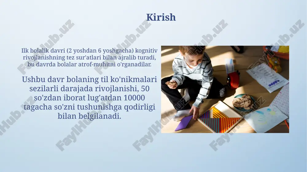 ni va mustaqilligini namoyon qilishga olib keladi. 4 yoshdan 5 yoshgacha bo'lgan bolalar tengdoshlari bilan o'zaro munosabatlarda yanada murakkab qoidalarni tushunishni boshlaydilar, masalan, o'yin navbatini kutish. emotsional rivojlanish 2 yoshdan 3 yoshgacha bo'lgan bolalar o'zlarining hissiy mustaqilligini namoyon qila boshlaydilar, bu esa "yo'q" deyish va narsalarni o'zlari qilishga urinish orqali namoyon bo'ladi. 4 yoshga kelib, bolalar yanada murakkab his-tuyg'ularni, masalan, aybdorlik va uyatni his qila boshlaydilar, bu ularning xatti-harakatlariga baho berish qobiliyati bilan bog'liq. shaxsiyatning shakllanishi shaxsning shakllanishi 3-6 yoshda faol bo'lib, bunda bolaning o'zini anglash qobiliyati, “men” obrazi va gender identifikatsiyasi rivojlanadi. erta bolalik davrida, taxminan 4-5 yoshda, shaxsiy fazilatlar namoyon bo'la boshlaydi, masalan, do'stlik, hamdardlik va erta altruistik xatti-harakatlar. o'yin faoliyatining roli o'yin orqali 3-6 yoshdagi bolalar dunyoni o'rganadi, rollarni sinab ko'radi va ictimoiy ko'nikmalarni rivojlantiradi, bu esa kelajakdagi muvaffaqiyat uchun zamin yaratadi. o'yin faoliyati 4 asosiy sohani rivojlantiradi: kognitiv (fikrlash), ictimoiy-emosional (hissiyotlar), jismoniy (harakat) va nutq (muloqot) …