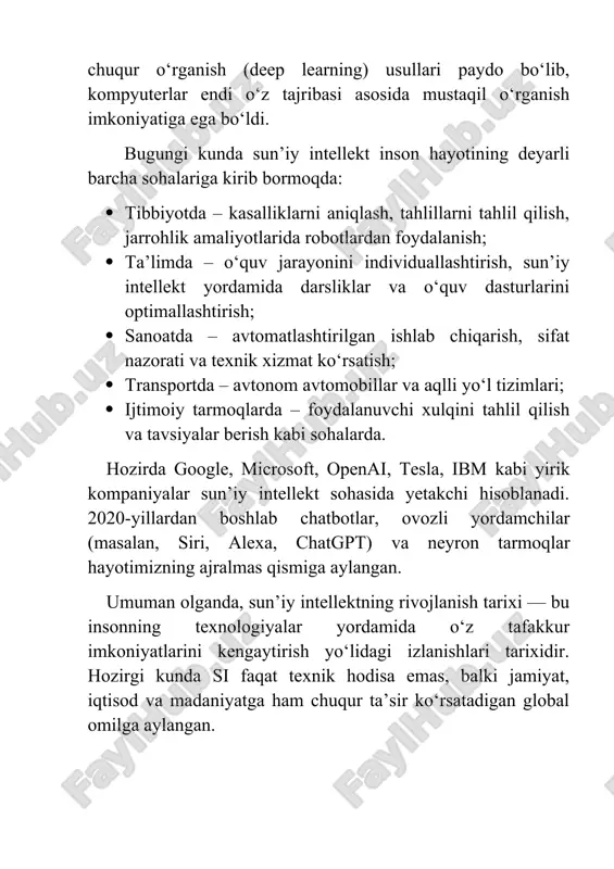 va uslubiga moslashadi. bundan tashqari, sun’iy intellekt virtual o‘qituvchi sifatida ishlatilmoqda — talabalar savollariga javob beradi, topshiriqlarni baholaydi va tavsiyalar beradi. 2. tibbiyot sohasida tibbiyotda sun’iy intellekt eng katta inqiloblardan birini amalga oshirdi. zamonaviy ai tizimlari rentgen, mrt yoki ultratovush tasvirlarini tahlil qilib, kasalliklarni erta aniqlay oladi. masalan, ibm watson health tizimi shifokorlarga saraton, yurak kasalliklari va boshqa murakkab holatlarni aniqlashda yordam beradi. shuningdek, jarrohlikda robotlar (masalan, da vinci surgical system) sun’iy intellekt orqali boshqariladi va bu jarrohlik aniqligini oshiradi. 3. sanoat va ishlab chiqarishda sun’iy intellekt ishlab chiqarish jarayonlarini avtomatlashtirishda muhim rol o‘ynaydi. u ishlab chiqarish liniyalarida nosozliklarni erta aniqlaydi, mahsulot sifatini nazorat qiladi va samaradorlikni oshiradi. “aqlli zavodlar” (smart factories) konsepsiyasi aynan sun’iy intellekt asosida shakllanmoqda. masalan, tesla va bmw zavodlarida ai robotlar yig‘ish, sinovdan o‘tkazish va nazorat ishlarini bajaradi. 4. transport va logistika sohasida transport tizimida sun’iy intellekt xavfsizlik va qulaylikni ta’minlashda katta ahamiyatga ega. avtonom avtomobillar …