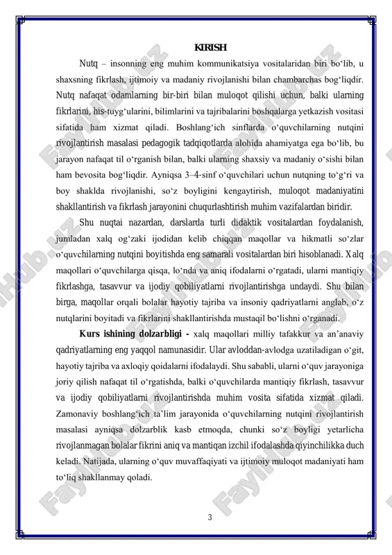 ma nutqini ham rivojlantiradi. maqollar yordamida dars mashg‘ulotlari qiziqarli va interaktiv shaklda tashkil qilinadi, bu esa o‘quvchilarning diqqatini jalb qiladi, fikrlash va muloqot ko‘nikmalarini mustahkamlaydi. shu bilan birga, maqollar milliy qadriyatlarni o‘rganish va tushunish orqali bolalarning madaniy ongini shakllantiradi, ular o‘zlarini ijtimoiy muhitda yanada samarali ifoda etishni o‘rganadi. shu sababli, 3–4-sinf o‘quvchilarining nutqini rivojlantirishda xalq maqollaridan foydalanish pedagogik amaliyotda katta ahamiyat kasb etadi. bu nafaqat boshlang‘ich ta’lim jarayonini samarali qilishi, balki bolalarning shaxsiy va ijtimoiy rivojlanishiga ham sezilarli ta’sir ko‘rsatadi. nutqni boyitish, fikrlashni chuqurlashtirish, muloqot madaniyatini shakllantirish va ijodiy qobiliyatlarni rivojlantirish kabi maqsadlarga erishishda xalq maqollari muhim didaktik va metodik vosita sifatida xizmat qiladi. kurs ishining maqsadi – 3–4-sinf o‘quvchilarining nutqini rivojlantirishda xalq maqollaridan foydalanishning samarali usullarini aniqlash va ularni amaliy dars jarayonida qo‘llash metodikasini ishlab chiqishdan iborat. vazifalari: 1. nutq tushunchasi va uning boshlang‘ich sinf o‘quvchilarining shaxsiy rivojlanishidagi ahamiyatini o‘rganish; 2. xalq maqollari va ularning pedagogik ahamiyatini tahlil qilish; …