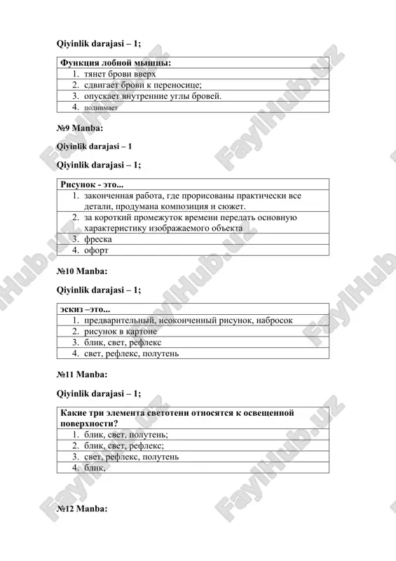 si – 1; slova karandásh eto… 1. (tyurk. karadaš, «kara» — chyorniy, «dash» — kamen, doslovno, — chyorniy kamen) instrument v vide sterjnya 2. chyornaya kraska 3. janr graficheskogo iskusstva 4. vid stiralnix rezin №19 manba: qiyinlik darajasi – 1; iz kakix osnovnix chastey (vneshnix form) sostoit poyas verxnix konechnostey cheloveka? 1. plecho, lokot, kist ruki, paltsi 2. lopatka, klyuchitsa, plecho, predpleche, zapyaste, paltsi; 3. 7-y sheyniy pozvonok, lopatka, predpleche, zapyaste; 4. lopatka, zapyaste, paltsi. №20 qiyinlik darajasi – 1; kakie kosti obrazuyut grushevidnoe otverstie? 1. parnie nosovie i verxnyaya chelyust; 2. parnie temennie i zatilochnaya; 3. lobnaya i skulovaya. 4. vse pravilno №21 manba: qiyinlik darajasi – 1; izobrajeniya natyurmorta nachinaetsya s … 1. komponovka v bumage 2. proportsii predmetov 3. naxojdeniya svetlote i temnota v predmeta 4. shtrixovki №22 qiyinlik darajasi – 1; kakaya mishtsa podnimaet verxnyuyu gubu 1. piramidalnaya; 2. chetirexugolnaya 3. treugolnaya; 4. chetirexugolnaya, treugolnaya. №23 …