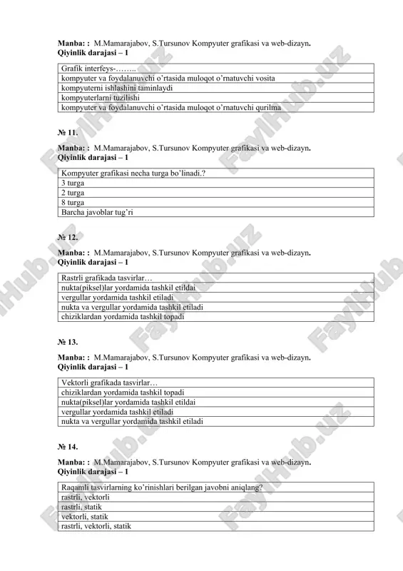 tasvir tashkil etuvchilari berilgan javoni aniqlang? barcha javoblar to’g’ri egri chiziq to’g’ri chiziq elementar geometrik figuralar № 17. manba: : m.mamarajabov, s.tursunov kompyuter grafikasi va web-dizayn. qiyinlik darajasi – 1 grafik fayllarning formatlari berilgan javobni aniqlang ? gif, jpeg, bmp, eps, psd gif, jpeg,tiff, rtf bmp, gif, jpg, tif bmp, gif, jpg, tif, dpr № 18. manba: : m.mamarajabov, s.tursunov kompyuter grafikasi va web-dizayn. qiyinlik darajasi – 1 o’zida 256 xil rangni jamlovchi animasion grafik tasvirlarni saqlovchi format ko’rsatilgan javobni aniqlang? gif jpg swf to’g’ri javob berilmagan № 19. manba: : m.mamarajabov, s.tursunov kompyuter grafikasi va web-dizayn. qiyinlik darajasi – 1 o’zida milliondan ortiq rangni jamlovchi grafik tasvirlarni saqlovchi format ko’rsatilgan javobni aniqlang? jpg gif swf to’g’ri javob berilmagan № 20. manba: : m.mamarajabov, s.tursunov kompyuter grafikasi va web-dizayn. qiyinlik darajasi – 1 animasiya tasvirlarni saqlovchi format ko’rsatilgan javobni aniqlang? swf gif jpg to’g’ri javob berilmagan № 21. manba: : …