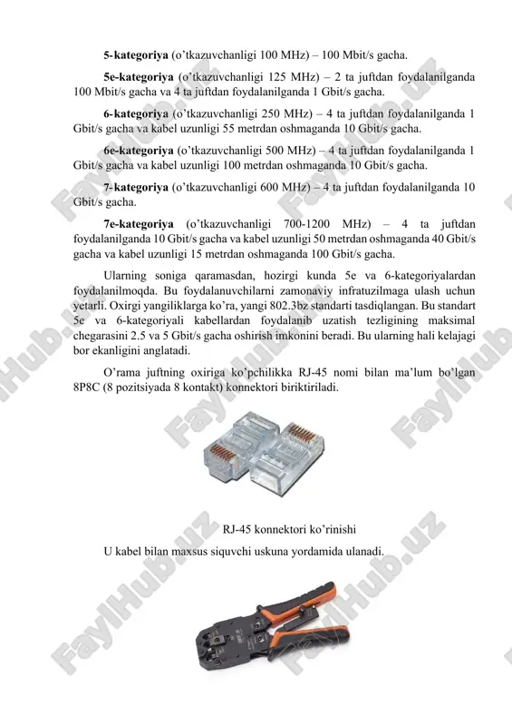 etrdan oshmaganda 100 gbit/s gacha. ularning soniga qaramasdan, hozirgi kunda 5e va 6-kategoriyalardan foydalanilmoqda. bu foydalanuvchilarni zamonaviy infratuzilmaga ulash uchun yetarli. oxirgi yangiliklarga ko’ra, yangi 802.3bz standarti tasdiqlangan. bu standart 5e va 6-kategoriyali kabellardan foydalanib uzatish tezligining maksimal chegarasini 2.5 va 5 gbit/s gacha oshirish imkonini beradi. bu ularning hali kelajagi bor ekanligini anglatadi. o’rama juftning oxiriga ko’pchilikka rj-45 nomi bilan ma’lum bo’lgan 8p8c (8 pozitsiyada 8 kontakt) konnektori biriktiriladi. rj-45 konnektori ko’rinishi u kabel bilan maxsus siquvchi uskuna yordamida ulanadi. kabelning keying turi oltik tolali kabellar (ing. optic fiber cable). hozirda ular zamonaviy intenetning asosi hisoblanadi. ular ma’lulotlarni uzoq masofalarga yo’qotishlarsiz uzatish imkonini beradi. uning tuzilishi quyidagicha: 1) markazda o’zak (sertsevina) (yadro deb ham nomlanadi) joylashgan. u asosiy yorug’lik uzatuvchi qism hisoblanadi. u kvars oynadan tayyorlanadi. 2) keyin qobiq (obolochka) keladi. uning asosiy vazifasi – bu nurning yadro chegarasidan chiqib ketishiga imkon bermasilik. ya’ni bu o’ziga xos chegara. o’zak …