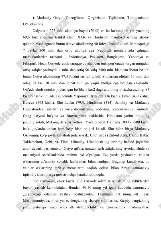 larining an'anaviy xo'jalik faoliyatlari bilan tanilgan. bugungi kunda esa, bu xalqlar o'zlarining tarixiy meroslarini saqlab qolish bilan birga, zamonaviy iqtisodiy sharoitlarga moslashishga harakat qilmoqda. old osiyoning etnik tarixi. old osiyoda odamlar o'nlab ming yilliklardan buyon yashab kelmokdalar. bundan 40-50 ming yil igari hududda zamonaviy „qiyofadagi odamlar yashay boshlaganlar. taxminan 10 ming yil ilgari mesopotamiyada, o‘rta yer », dengizning sharqiy sohillarida, kaspiy dengizining janubiy-sharqiy rayonlarida ilk dehqonchilik va chorvachilik madaniyatlari shakllangan, bu hududlarda odamlar sopol buyumlar yasashni, madanlarni eritish va ularga ishlov berishni o‘zlashtirganlar, keyinchalik shurner va akkadda ilk shahar davlatlarga asos solishgan. olimlar old osiyoning qadimgi aholisi etnik tarkibi haqida aniq m a’iumotlami ham aynan mil.av iv-v ming yilliklarda yozuv paydo bomganidan so‘ng qolga kiritishadi. g'arbiy yoki old osiyo kichik osiyo va arabiston yarim orollari, o‘rta er dengizining sharqiy soxili, mesopotamiya va o'rta sharqiy (eron va afg‘oniston ) hududlarini ham o‘z ichiga oladi. aholisi 170-milliondan ko‘prok. old osiyo hududining talay …