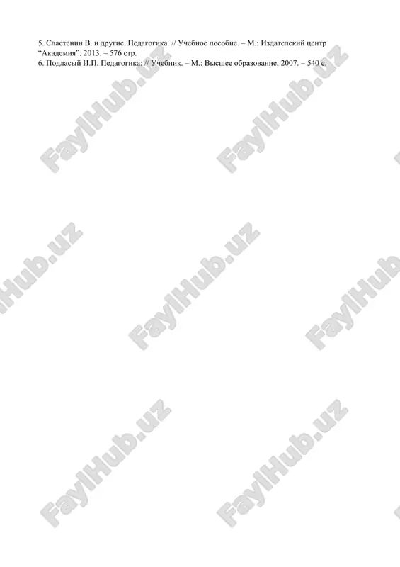 24 – 124 str 11. yankina r.s. pedagogika nachalnogo obrazovaniya // uchebnik – andijon: “hayot nashri -2020”. 2024 – 188 str 12. xoliqov a.pedagogik mahorat // darslik. – t.: “iqtisod-moliya”, 2011. – 420 b. tavsiya qilinadigan qoʻshimcha adabiyotlar 1. oʻzbekiston respublikasining konstitutsiyasi. toshkent: o’zbekiston. 30.04.2023 – yil. b. 76. https://lex.uz/docs/-6445145 2. ta’lim toʻgʻrisidagi oʻzbekiston respublikasining qonuni. –toshkent: oʻzbekiston, 2020 yil 23 sentabr. (qonun hujjatlari ma’lumotlari milliy bazasi, 24.09.2020 y., 03/20/637/1313– son) https://lex.uz/docs/-5013007 3. sotsialnaya pedagogika. /pod obsh.red. m.a.galaguzovoy. – m.: vlados, 2000 4. umarova m. teoriya i istoriya pedagogiki. // uchebnoe posobie. – t.: “izdatelsko-poligrafichkskiy dom imeni chulpana”, 2018. – 348 b. 5. slastenin v. i drugie. pedagogika. // uchebnoe posobie. – m.: izdatelskiy tsentr “akademiya”. 2013. – 576 str. 6. podlasiy i.p. pedagogika: // uchebnik. – m.: visshee obrazovanie, 2007. – 540 s.