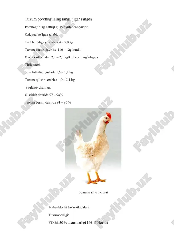 15 – 125g kunlik oziqa sarflanishi 2,15 – 2,25 kg/kg tuxum og‘irligiga. tirik vazni: 20 – haftaligi yoshida 1,7 – 1,8 kg tuxum qilishni oxirida 2,1 – 2,3 kg saqlanuvchanligi: o‘stirish davrida 97 – 98% tuxum berish davrida 94 – 96 % topshiriq go‘sht yo‘nalishidagi parrandalarni tuxum yo‘nalishidagi tovuqlar bilan solishtiring va rasmini chizing. image1.jpeg image2.jpeg /docprops/thumbnail.wmf mavzu : parrandalarning holati va mahsuldorligi bilan bog‘liq tana tuzilishidagi o‘zgaruvchan belgilar . darsning maqsadi : go‘sht yo‘nalishdagi parrandalarni holati va mahsuldorligi bilan bog‘liq tana tuzilishida o‘zgaruvchan belgilarini o‘rganish . parrandalarning tuxum tug‘ish qobiliyati , tuxumning vazni , tirik vazni , urchish va xo‘jalik uchun foydali bo‘lgan boshqa sifatlari ular tanasining rivojlanishi , tana tuzilishi tipi va bir qancha ekster’er belgilariga bog‘liq . ko‘p sonli ekster’er belgilari , ya’ni tojining rivojlanganligi va xolati , qorni , dum osti suyaklari oralig‘i , orqa chiqaruv teshigi , patining o‘sganligi va tana qismlarining rangiga qarab tovuqlarning …