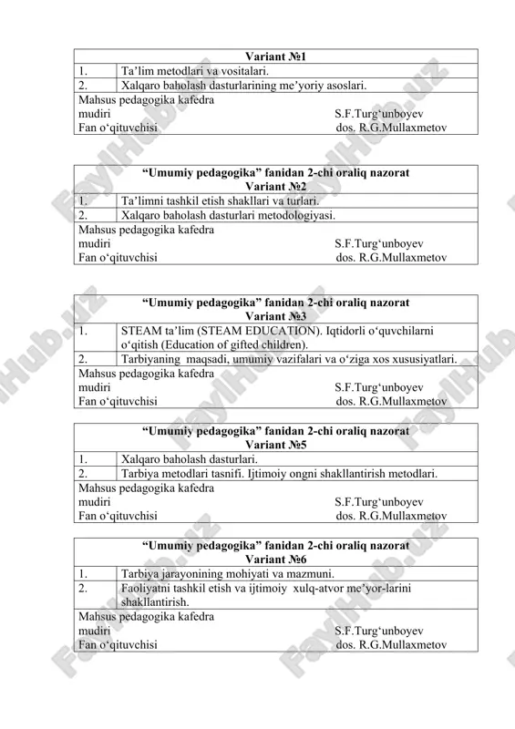 edagogika” fanidan 2-chi oraliq nazorat variant №6 1. tarbiya jarayonining mohiyati va mazmuni. 2. faoliyatni tashkil etish va ijtimoiy xulq-atvor meʼyor-larini shakllantirish. mahsus pedagogika kafedra mudiri s.f.turg‘unboyev fan o‘qituvchisi dos. r.g.mullaxmetov “umumiy pedagogika” fanidan 2-chi oraliq nazorat variant №7 1. tarbiya qonuniyatlari va tamoyillari. 2. tarbiya metodlarini tanlab olish shartlari. mahsus pedagogika kafedra mudiri s.f.turg‘unboyev fan o‘qituvchisi dos. r.g.mullaxmetov “umumiy pedagogika” fanidan 2-chi oraliq nazorat variant №8 1. tarbiyaning umumiy metodlari. 2. ijtimoiy ongni shakllantirish metodlari. mahsus pedagogika kafedra mudiri s.f.turg‘unboyev fan o‘qituvchisi dos. r.g.mullaxmetov “umumiy pedagogika” fanidan 2-chi oraliq nazorat variant №9 1. oʻquvchilarning ilmiy dunyoqarashini shakllantirish. 2. ijtimoiy ongni shakllantirish metodlari. mahsus pedagogika kafedra mudiri s.f.turg‘unboyev fan o‘qituvchisi dos. r.g.mullaxmetov “umumiy pedagogika” fanidan 2-chi oraliq nazorat variant №10 1. tarbiya turlari. 2. jamoa tushunchasi. mahsus pedagogika kafedra mudiri s.f.turg‘unboyev fan o‘qituvchisi dos. r.g.mullaxmetov “umumiy pedagogika” fanidan 2-chi oraliq nazorat variant №11 1. jamoa tarbiya obyekti va subyekti sifatida. …