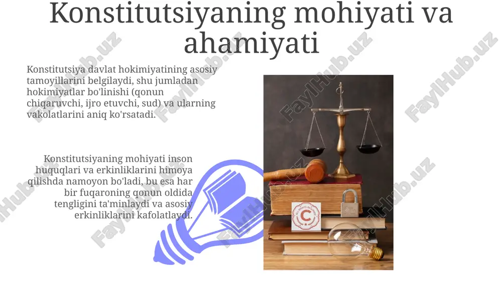 i ta'minlash mexanizmlarini kuchaytirdi. mahalliy davlat hokimiyati organlari mahalliy davlat hokimiyati organlari viloyat, tuman va shahar hokimiyatlaridan iborat bo'lib, ular 10 nafardan kam bo'lmagan deputatlardan tarkib topgan xalq deputatlari kengashlari tomonidan boshqariladi. mahalliy hokimliklar o'z hududida konstitutsiya va qonunlar ijrosini ta'minlash, byudjetni tasdiqlash va iqtisodiy-ijtimoiy rivojlanish dasturlarini amalga oshirish bo'yicha vakolatlarga ega. konstitutsiyaviy nazorat konstitutsiyaviy nazorat - bu davlat hokimiyatining konstitutsiya va qonunlarga muvofiqligini tekshiruvchi mexanizm bo'lib, sudlar yoki maxsus organlar orqali amalga oshiriladi. o'zbekistonda konstitutsiyaviy sud konstitutsiyaviy nazoratni amalga oshiradi, qonunlarning konstitutsiyaga mosligini ko'rib chiqadi va konstitutsiyaviy huquqlarni himoya qiladi. konstitutsiyaga o'zgartirishlar kiritish tartibi 01 02 o'zbekiston respublikasi konstitutsiyasiga o'zgartishlar kiritish, qonunchilik palatasi deputatlarining kamida uchdan ikki qismi va senat a'zolarining ko'pchiligi tomonidan qabul qilingan qonun bilan amalga oshiriladi. sales 1st qtr 2nd qtr 100 0 sales 1st qtr 2nd qtr 100 0 konstitutsiyaning ustunligi va bevosita ta'siri konstitutsiyaning ustunligi, 1992-yilgi konstitutsiyaning 15-moddasiga ko'ra, qonunlar unga zid bo'lsa, bekor …