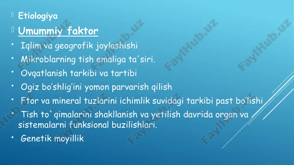 adi. natijada karies rivojlanadi. blek boʻyicha sinflanishi i sinf. karies kovak molyar, premolyar tishlarning tabiiy fissuralari va hamma guruh tishlarning ko`r chuqurchalarida joylashadi. ii sinf. karies molyar va premolyar tishlarni kontakt yuzalarida joylashadi iii sinf. karies kovak kesuvchi va qoziq tishlarning kontakt yuzasida bo`lib, u kesuv yuzasiga o`tmaydi. tish burchaklari buzilmaydi. iv sinf. karies kovak qoziq va kesuvchi tishlarning kontakt va kesuv yuzalarida bo`lib, tish burchagi buziladi. v sinf. karies kovak barcha tishlarning bo`yin qismida joylashgan. vi sinf. karies kovak kesuv tishlarining kesuv qirralari va chaynov tishlarining chaynov do’mboqlarida (immun zonalarda) joylashadi. klinik (topografik) sinflanishi dogʻ yuza oʻrta chuqur dogʻ bosqichidagi karies dog’ bosqichidagi karies (caries macula) yoki emal demineralizasiyasi deb ataladi. bu bosqich emalning chegaralangan yuzasida emal rangi o`zgarishi bilan namoyon bo`lib, bunda xira, oq, och-jigarrang, to`q-jigarrang, hatto dog’ qora ham bo`lishi mumkin. dog’ bosqichidagi karies simptomsiz kechadi va faqat sinchiklab o`tkazilgan ko`ruvdagina aniqlash mumkin. tish yuzasi havo bilan …