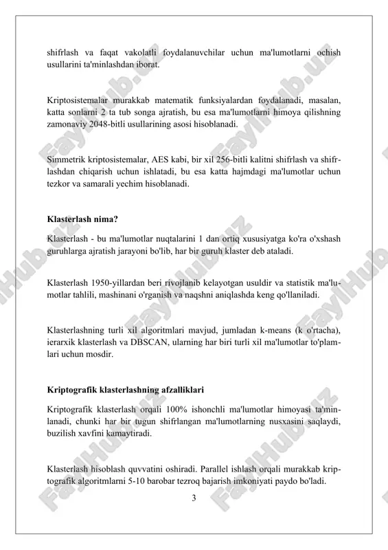 l oʻynaydi, masalan, aes-256 shifrlash usuli maʼlumotlarni himoya qilish uchun 2^256 ta kalit kombinatsiyasini yaratadi. elektron imzo infratuzilmasi (pki) xavfsizligini taʼminlash uchun 2048-bitli rsa kalitlari keng qoʻllaniladi, bu esa kalitlarni buzish uchun katta hisoblash resurslarini talab qiladi. xavfsizlik devorlari (firewalls) va kirishni aniqlash tizimlari (ids) kiberhujumlarni oldini olish uchun ishlatiladi, ular doimiy ravishda tarmoq trafigini tahlil qilib, 99% gacha tahdidlarni aniqlay oladi. ishlashni optimallashtirish kriptografik algoritmlarni optimallashtirish 256-bit aes shifrlash va ochish tezligini oshirish uchun vektorlashgan ko'rsatmalar (masalan, avx2) dan foydalanishni o'z ichiga oladi. hisoblash resurslarini samarali boshqarish uchun, masalan, katta sonli amallar tezligini oshirish uchun montgomery ko'paytirish algoritmi yordam beradi. kriptografik tizimning ishlashini optimallashtirish shifrlash va ochish operatsiyalarini tezlashtirish uchun gpulardan parallel hisoblash quvvatini samarali ishlatishni talab etadi. o'lchamlilik va boshqaruv o'lchamlilik tizimning resurslarini, masalan, protsessorlar, xotira va tarmoq kengligini, talab ortishi bilan moslashuvchan ravishda ko'paytirish imkoniyatini anglatadi, 100% ish vaqtini ta'minlash uchun. boshqaruv esa tizim konfiguratsiyasi, monitoringi va …