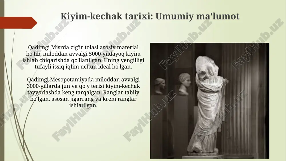 sh uchun mo'ljallangan bo'lib, oddiy geometrik shakllardan iborat edi. yunon liboslari, jumladan, peplos va xitonlar, tabiiy matolardan tayyorlanganligi sababli, ularning go'zalligi tanani erkin qoldirib, klassik idealni aks ettirishda edi. renessans: moda va ijtimoiy maqom renessans davrida kiyimlar ijtimoiy maqomni aks ettirish uchun muhim vosita edi, masalan, qimmatbaho matolar va murakkab bezaklar boylikni ko'rsatardi. 15-16-asrlarda florentsiyada moda hukmronlik qilgan, ayniqsa medichi oilasi hashamatli matolar va dizaynlarga homiylik qilib, tendensiyalarni belgilagan. liboslarning ramziy ma'nosi qadimgi misrda zig'ir matosi poklik va yorug'likni ifodalagan, shuning uchun ruhoniylar va zodagonlar undan foydalanishgan, qora rang esa qayg'u bilan bog'liq bo'lgan. rim imperiyasida purpur imperatorlar uchun ajratilgan bo'lib, 120-250 gramm purpur bo'yog'ini olish uchun 12000 ta mollyusk kerak edi. savdo va kiyim-kechak tarqalishi ipak yo'li savdosi eramizdan avvalgi ii asrda xitoydan g'arbga ipak, ziravorlar va boshqa mahsulotlar olib keldi, bu esa kiyim-kechak uslublariga katta ta'sir ko'rsatdi. o'rta asrlarda gildiyalar kiyim-kechak ishlab chiqarishni nazorat qilib, narxlarni, sifatni va …
