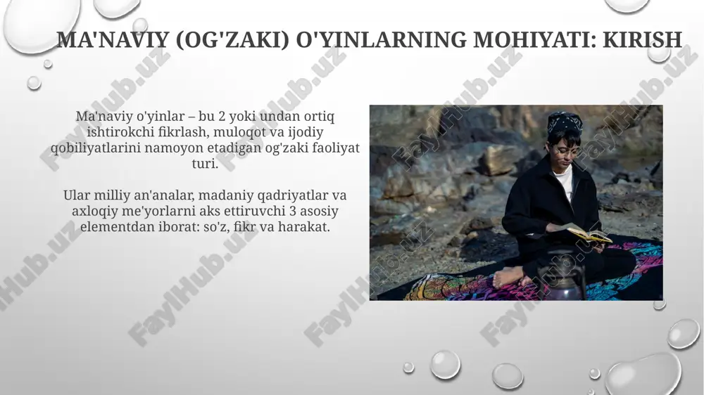 n. ma'naviy o'yinlar va shaxsning rivojlanishi ma'naviy o'yinlar shaxsning nutq boyligini 75% ga oshirishi mumkin, bu esa o'z fikrini aniq ifodalash qobiliyatini rivojlantiradi. ilmiy tadqiqotlar shuni ko'rsatadiki, ma'naviy o'yinlar kognitiv funktsiyalarni 30% ga yaxshilaydi, xususan, xotira va diqqatni jamlash qobiliyatini. ma'naviy o'yinlarda tilning roli ma'naviy o'yinlarda til, 1-darajali vosita sifatida, fikrlash, muloqot qilish va madaniy kodlarni ifodalash uchun muhim. u, 2 xil ma'noni anglatuvchi so'zlar orqali kreativlikni oshiradi. til ma'naviy o'yinlarda metafora, kinoya kabi 3 uslubni qo'llab, chuqur ma'nolarni ochadi va tinglovchining 4 ta his-tuyg'ulariga ta'sir o'tkazadi. ma'naviy o'yinlarda ijodkorlik va improvizatsiya ma'naviy o'yinlarda ijodkorlik, yangi g'oyalarni 0 dan 100 gacha shkalada baholash orqali, innovatsion yechimlarni yaratish va ularni o'ziga xos tarzda taqdim etishni anglatadi. improvizatsiya, ma'naviy o'yinlarda 2 daqiqa ichida kutilmagan savollarga javob berish, vaziyatni tezda tahlil qilish va o'z fikrini 3 xil usulda ifodalash qobiliyatidir. ma'naviy o'yinlarning afzalliklari va kamchiliklari ma'naviy o'yinlar fikrlash qobiliyatini oshirib, 10% dan 25% …
