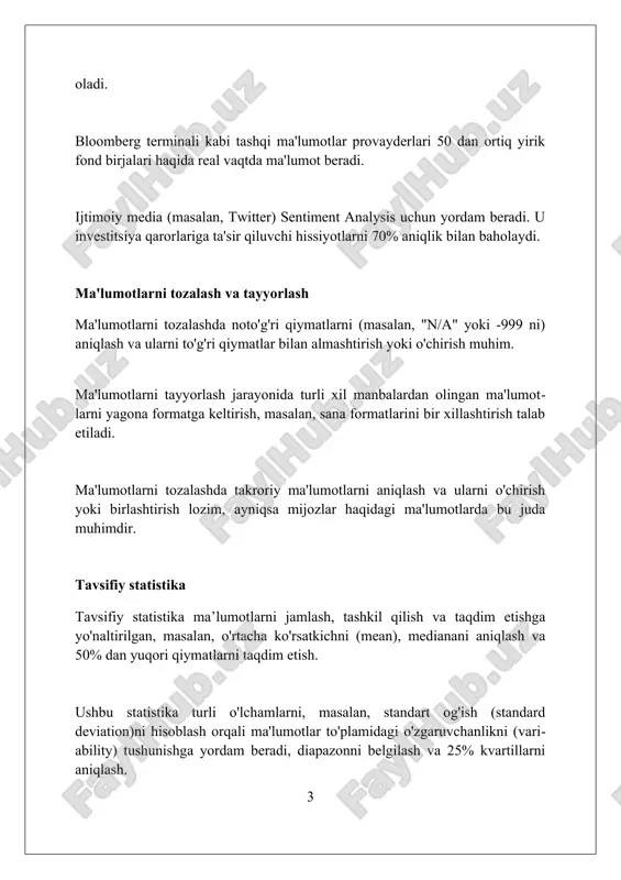 ishlatiladigan statistik usuldir. ko'p hollarda, r-kvadrat (r²) regression modelining mosligini o'lchaydi, bu bog'liq o'zgaruvchanlikning qancha qismi mustaqil o'zgaruvchilar tomonidan tushuntirilishini ko'rsatadi. regression tahlili koeffitsientlari, masalan, beta-qiymatlar, har bir mustaqil o'zgaruvchining bog'liq o'zgaruvchiga ta'sirining kattaligi va yo'nalishini (musbat yoki manfiy) ko'rsatadi. klassifikatsiya va klasterlash klassifikatsiya – bu ma'lumotlarni oldindan belgilangan 2 yoki undan ortiq toifalarga ajratish, masalan, kredit reytingini 'yaxshi' yoki 'yomon' deb belgilash algoritmidir. klasterlash – bu ma'lumotlarni xususiyatlar o'xshashligiga qarab guruhlash, misol uchun, mijozlarni 5 xil segmentga ajratish, har bir segmentning o'ziga xos xususiyatlari mavjud. klassifikatsiya xatolarini baholash uchun aniqlik (precision) va chaqiruv (recall) kabi o'lchovlar ishlatiladi, klasterlash uchun esa silhouette koeffitsienti kabi ko'rsatkichlar qo'llaniladi. xavfni baholash va boshqarish xatarlarni baholashda ehtimollik va ta'sir matritsasi muhim, bunda 1 dan 5 gacha bo'lgan shkala asosida ehtimol va oqibatlar baholanadi, natijada umumiy xatar darajasi aniqlanadi. monte-karlo simulyatsiyasi xatarlarni boshqarishda qo'llaniladi, bu usul turli xil ssenariylarni ko'rib chiqish va aktivlar qiymatiga ta'sirini …