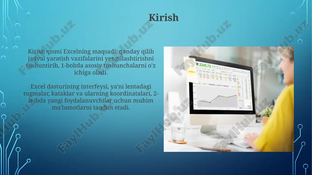 ymatlarning nisbatini ko'rsatish uchun ideal, har bir sektor ulushni aks ettiradi va ma'lumotlarni vizual tarzda solishtirish imkonini beradi. ma'lumotlarni import va eksport qilish excel csv formatidagi ma'lumotlarni import qilishi mumkin, bu matn fayllari bo'lib, har bir qiymat vergul bilan ajratilgan, bu katta hajmdagi ma'lumotlarni tahlil qilish uchun qulay. excel ma'lumotlarni xml formatiga eksport qilishi mumkin, bu format ma'lumotlarni saqlash va tashish uchun ishlatiladi, xususan, turli dasturlar o'rtasida ma'lumot almashish uchun juda muhim. xulosalar va keyingi qadamlar excel jadvali yaratishning asosiy usullarini tushungan holda, moliyaviy hisobotlar va 10dan ortiq yozuvli inventarizatsiya jadvalini samarali tashkil etish mumkin. keyingi qadam - 20 dan ortiq ustunli murakkab excel funktsiyalari, masalan, vlookup bilan tanishish, ma'lumotlarni avtomatlashtirish va tahlil qilish imkoniyatini oshiradi. e'tiboringiz uchun rahmat image3.png image4.jpg image5.jpg image6.jpg image7.jpg image8.jpg image9.jpg image10.jpg image11.jpg image12.jpg image13.jpg image14.jpg image15.jpg image2.png