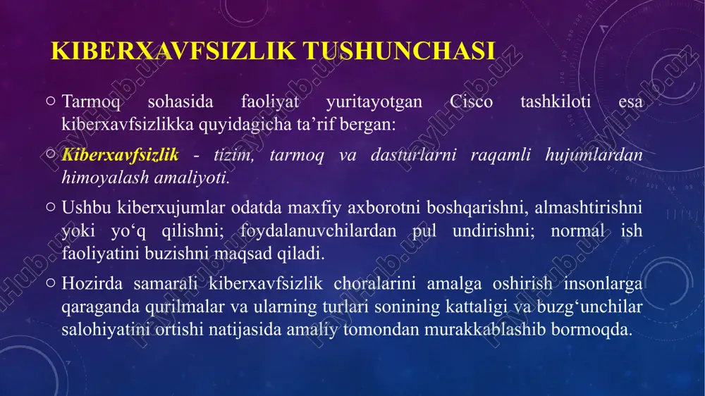 nazar (qog‘oz ko‘rinishidagi, elektron va insonlar fikrlashida, og‘zaki va vizual) intelektual huquqlarni himoyalash bilan shug‘ullanadi. kiberxavfsizlik axborotning holati bo‘lib, unga binoan axborotga tasodifan yoki atayin ruxsatsiz ta’sir etishga yoki ruxsatsiz undan foydalanishga yo‘l qo‘yilmaydi. yoki, axborotni texnik vositalar yordamida ishlanishida uning maxfiylik (konfidensiallik), yaxlitlik va foydalanuvchanlik kabi xarakteristikalarini (xususiyatlarini) saqlanishini ta’minlovchi axborotning himoyalanish darajasi holati. axborot xavfsizligi axborot xavfsizligini ta’minlashga yo‘naltirilgan choralar kompleksi. amaldaa axborotni himoyalash deganda ma’lumotlarnii kiritish, saqlash, ishlash va uzatishda uning yaxlitligini, foydalanuvchanligini va agar, kerak bo‘lsa, axborot va resurslarniing konfidensialligini madadlash tushuniladi. axborotni himoyalash axborotni himoyalash - axborot xavfsizligini ta’minlashga yo‘naltirilgan choralar kompleksi. amalda axborotni himoyalash deganda ma’lumotlarnii kiritish, saqlash, ishlash va uzatishda uning yaxlitligini, foydalanuvchanligini va agar, kerak bo‘lsa, axborot va resurslarniing konfidensialligini madadlash tushuniladi. aktiv zaiflik tahdid aktiv - himoyalanuvchi axborot yoki resurslar, yoki tashkilot uchun qimmatli barcha narsalar. tahdid - tizim yoki tashkilotga zarar yetkazishi mumkin bo‘lgan istalmagan hodisa. tahdid - axborot xavfsizligini …