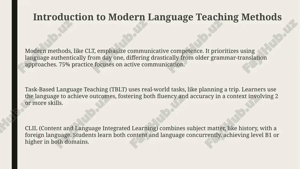 ignment with the student's needs. pre-task planning involves activating prior knowledge using 5-10 minute discussions. this primes learners for successful engagement with the target language input. feedback is crucial; focus on content and communication in the task output. 25% of feedback should address form, improving accuracy for future task cycles. clil in action: implementing subject-based language learning the '4cs' framework – content, communication, cognition, culture – guides clil lesson design, ensuring learners develop subject knowledge alongside language skills, requiring higher-order thinking. clil sees content and language as equally important; for instance, grade 5 science lessons utilize english to teach scientific concepts and linguistic structures with explicit grammar support. assessment in clil often incorporates both subject-specific knowledge (80%) and language proficiency (20%), evaluating if learners understand concepts and can use appropriate academic language. integrating skills: reading, writing, listening, and speaking integrating skills allows learners to use language authentically. it mirrors real-life …