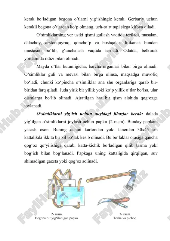 bog‘ich bilan bog‘lanadi. papkaga uning kattaligida qirqilgan, suv shimadigan gazeta yoki qog‘oz solinadi. 2- rasm. begona o‘t yig‘iladigan papka. 3- rasm. tesha va pichoq. o‘simliklarni kovlab olish uchun tesha (3-rasm) va belkurak. o‘simliklarning ro‘yxatini va xossalarini yozish uchun umumiy daftar. yorliq o‘rnida ishlatish uchun 9x12 sm kattalikdagi oq qog‘oz varaqchalari. topilgan begona o’tlar to‘g‘risidagi ma’lumot (begona o’tning mahalliy nomi, qayerdan, qanday tuproqdan, qachon va kim tomonidan yig‘ilganligi, tartib soni) shu qog‘oz varaqchalarga faqat qora qalam bilan yozib qo‘yiladi. binafsha rang qalam ishlatish yaramaydi, chunki o‘simliklardan chiqadigan nam bilan yozuvlar yoyilib ketishi mumkin. yorliqlar yig‘ilgan o‘simliklar bilan birga papkaga solib qo‘yiladi. quruq meva va urug‘larni solib qo‘yish uchun qog‘oz xaltachalar. o‘simliklarni quritish o‘quv-tajriba dalasidan yoki dalada o‘tkazilgan mashg‘ulotdan qaytib kelgandan keyin yig‘ib kelingan begona o’tlar darhol quritish uchun yaxshilab joylab qo‘yiladi. bu ishni kechiktirib bo‘lmaydi, chunki begona o’tlarning rangi bilan shakli tezda o‘zgarib qoladi. begona o’tlarni yiqqanda bitta qog‘ozga bir turdagi …