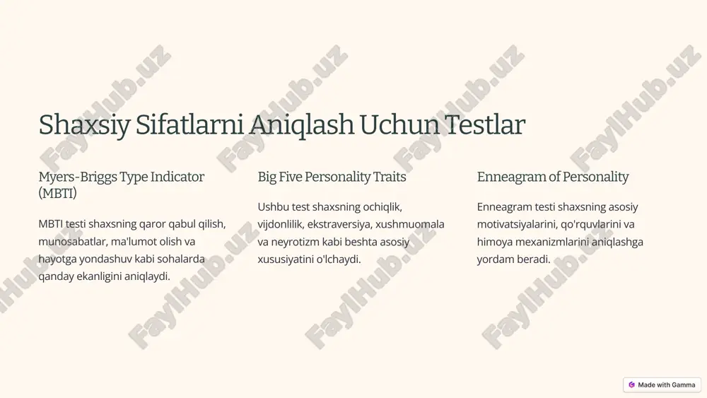 xulosa va tavsiyalar testlar va so'rovnomalar shaxsning qobiliyatini, bilimini, shaxsiy xususiyatlarini va psixologik holatini aniqlashga yordam beradigan muhim vositalardir. 10 image1.png image2.png image3.png image4.png image5.png image6.png image7.png image8.png image9.png image10.png image11.png image12.png image13.png image14.png image15.png image16.png image17.png image18.png image19.png