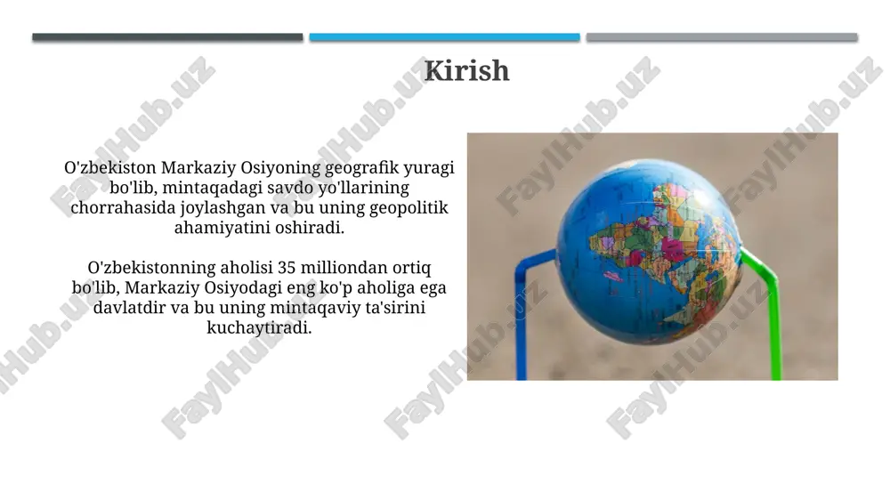 ish uchun amudaryo va sirdaryo suvlaridan haddan tashqari foydalanish natijasida suv resurslari tanqisligi kuzatilmoqda, bu 70% dan ortiq suv isteʼmoliga sabab boʻladi. energetika siyosati va hamkorlik o'zbekiston 2030 yilga borib qayta tiklanuvchi energiya manbalaridan 25% elektr energiyasi ishlab chiqarishni maqsad qilgan, bu esa energetika siyosatida tub burilish yasaydi. o'zbekiston energetika sohasida xalqaro hamkorlikni faol rivojlantirmoqda, jumladan, trans-afg'oniston gaz quvurini (tap) qurish loyihasida ishtirok etmoqda, qiymati taxminan 10 milliard aqsh dollari. xitoyning markaziy osiyodagi ta'siri va o'zbekiston xitoyning markaziy osiyoga sarmoyasi, ayniqsa o'zbekistonga yo'naltirilgan 20 milliard dollardan ortiq mablag', infratuzilma loyihalarini rivojlantirib, iqtisodiy bog'liqlikni kuchaytirmoqda. “bir kamar, bir yo'l” tashabbusi o'zbekiston uchun muhim tranzit yo'lidir; xitoyning bu mintaqadagi ta'siri savdo aylanmasini oshirib, logistika hublarini rivojlantirishga xizmat qiladi. rossiyaning markaziy osiyodagi manfaatlari va o'zbekiston rossiya markaziy osiyoni o'zining ta'sir doirasi deb biladi, shu jumladan o'zbekistonni, xavfsizlik masalalarida, masalan, terrorizmga qarshi kurashda hamkorlikni yo'lga qo'yishga intiladi. rossiyaning o'zbekistonda iqtisodiy manfaatlari katta, jumladan, 6 …