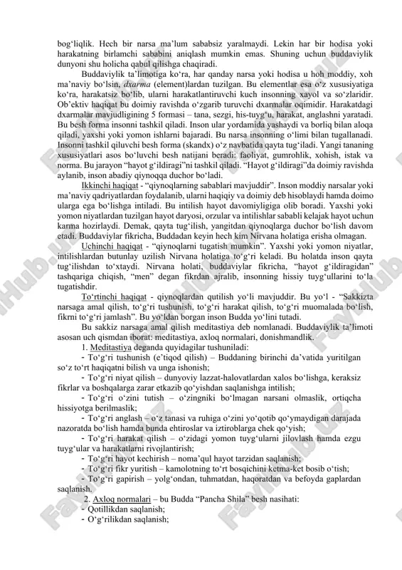 rib o‘z ta’limotni tarqatib, o‘ziga yangi izdoshlar orttiradi. budda 40 yil davomida o‘z ta’limotini hindistonning turli joylariga etkazadi va 80 yoshida kushtnagara degan joyda dunyodan o‘tdi. uning jasadi, hind udumiga ko‘ra, u erda kuydirilib, uning xoki 8 ta budda jamoalariga bo‘lib yuborildi va har bir jamoa uni dafn etgan joyida ibodatxona barpo etishgan. buddaning hayoti haqida turli afsonalar ham to‘qilgan. bu afsonalarda aytilishicha, budda ko‘p yillar davomida er yuzidagi turli mavjudotlar qiyofasida qayta tug‘ilgan: 84 marta ruhoniy, 58 marta podshoh, 24 marta rohib, 13 marta savdogar, 18 marta maymun, 12 marta tovuq, 8 marta g‘oz, 6 marta fil, shuningdek, baliq, qurbaqa, kalamush, quyon kabi qiyofalarda qayta tug‘ilgan. jami 550 marta qayta tug‘ilgan. u doimo qayerda, qay qiyofada tug‘ilishini o‘ziga o‘zi belgilagan. so‘nggi marta uni xudolar insoniyatni to‘g‘ri yo‘lga boshlashi uchun inson qiyofasida yaratganlar. bu afsonalarning ba’zilariga ko‘ra, er yuzida gautamaga qadar 6 ta budda o‘tgan. shuning uchun buddaviylikning ba’zi muqaddas …