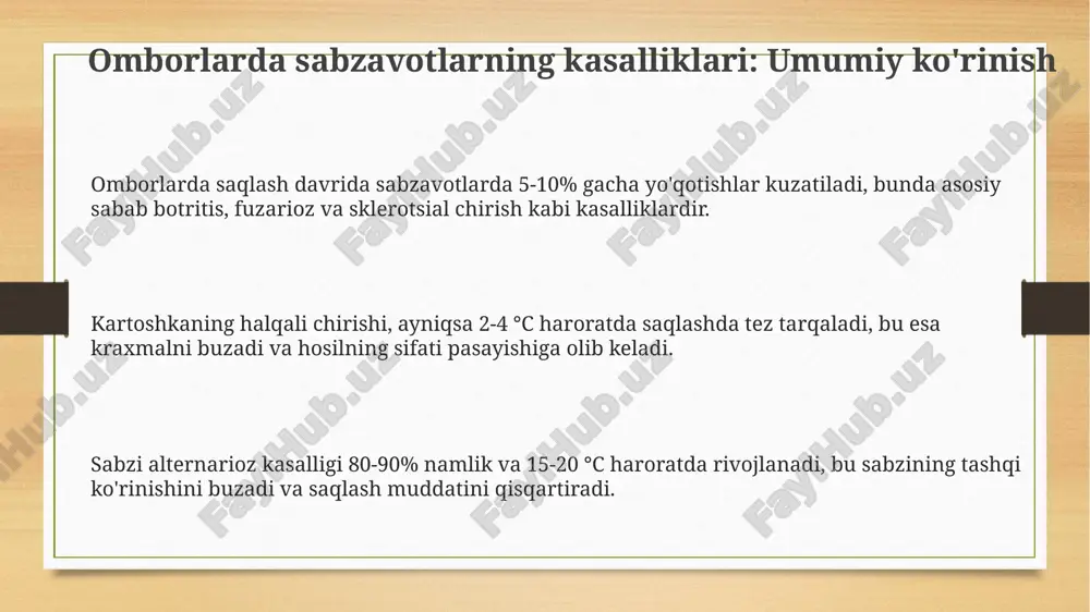 hosilning yo'qolishiga olib kelishi mumkin, ayniqsa havo namligi yuqori bo'lsa. karamning qora chirishi (xanthomonas campestris) saqlash paytida 25°c dan yuqori haroratda faollashadi va bu karam boshlarining tashqi barglarida qora tomirlarning paydo bo'lishiga sabab bo'ladi. karamning shilliqsimon bakterial chirishi (pectobacterium carotovorum) saqlash omborlarida 85% dan yuqori namlikda tez tarqaladi, bu esa karam to'qimalarining yumshashi va yoqimsiz hidga olib keladi. pomidorning saqlash kasalliklari fitoftora (phytophthora infestans) saqlash paytida tez tarqalishi mumkin, mevalarda 1-2 sm diametrli qattiq, qo'ng'ir dog'lar paydo qiladi va 7-10 kunda mevaning ichki qismini chirishga olib keladi. kulrang chirish (botrytis cinerea) ko'pincha saqlashda paydo bo'ladi, ayniqsa yuqori namlikda, mevalarda kulrang mog'or hosil qiladi va 3-5 kun ichida butun hosilni yo'q qilishi mumkin. antraknoz (colletotrichum spp.) saqlashda kichik, botgan dog'lar sifatida namoyon bo'ladi, ular kengayib, 1-3 hafta ichida mevaning katta qismini qora chirishga aylantirishi mumkin, ayniqsa 10-15 °c haroratda. bodringning saqlash kasalliklari bodringning saqlash davridagi asosiy kasalliklaridan biri bu *cladosporium cucumerinum* …