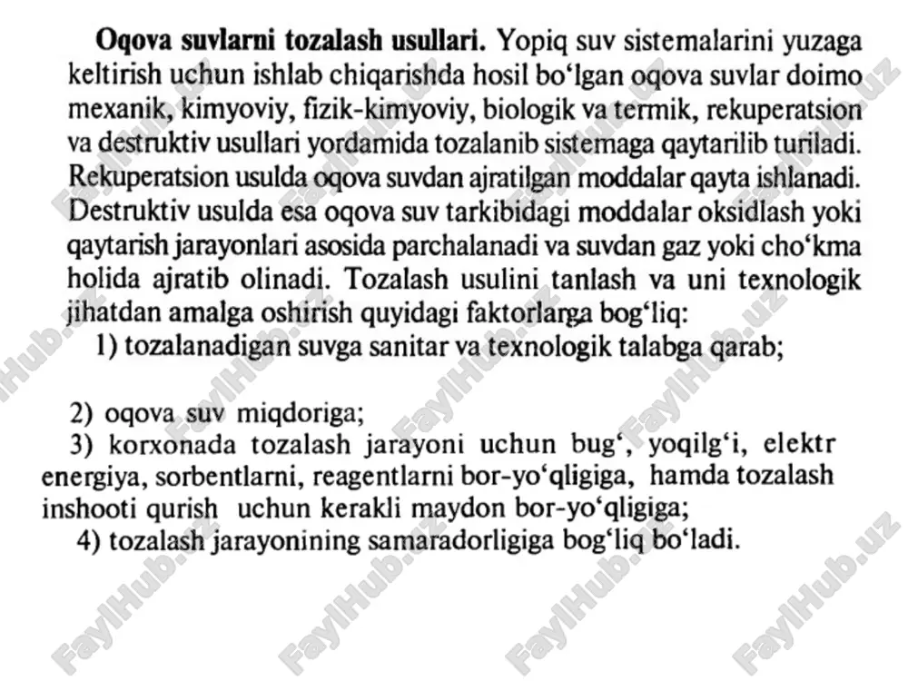 mumkin, lekin cho’kish tezligi ph > 9 bo’lganda pasayadi. flokulyantning tasir etish mexanizmiga kolloid zarralarning yuzasida flokulyant molekulalarning adsorbsiyalanilishi, retikulyasiya (to’rsimon struktura hosil bo’lishi) flokulyant molekulalarining retikulyasiyasi: kolloid zarralarning vander-vals kuchlari hisobiga yopishishi; flokulyantlarning kolloid zarrachalar bilan ta’sirlanishi natijasida trimer struktura hosil bo’ladi, bu suyuq fazadan mayda zarrachalarning tezroq ajralishiga olib keladi. bunday strukturaning hosil bo’lishiga sabab flokulyant makromolekulalarining bir necha zarrachalar bilan polimer ko’priklarini hosil qilib adsorbsiyalanishidir. poliakramid 79% ni gel holatida ishlab chiqariladi, u 273 k da qotadi. paa ni suvga qo’shganda qovushqoqligi birdaniga ortadi. flokulyantlarning samaradorligi quyidagicha aniqlanadi: ηf=(wcf – w)/wq bu yerda, wcf va w - flokulyantlangan va flokulyantmagan shlamning chiqish tezligi, mm/s; q – 1 t qattiq modda uchun flokulyantning sarfi. oqova suvlarni koagulyasiya va flokulyasiya usullari bilan tozalash quyidagi bosqichlarda amalga oshiriladi: reagentlarni me’yorlash va oqova suv bilan aralashtirish, iviqlarni hosil qilish va iviqlarni cho’ktirish. koagulyantlarni suv bilar aralashtirish usun mexanik va gidravlik aralashtirgichlar …